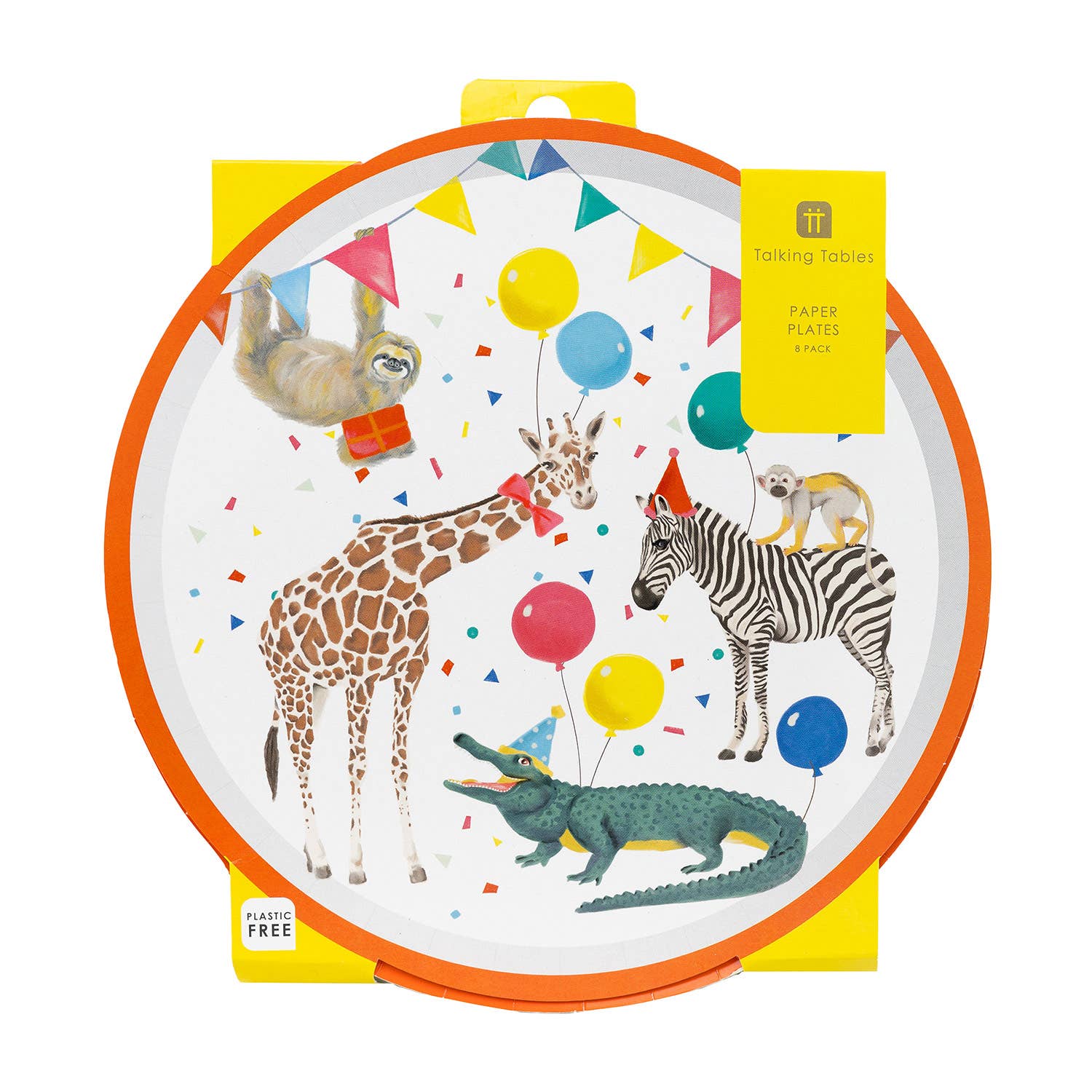 Children's paper plate with animal illustrations and colorful balloons on a white background