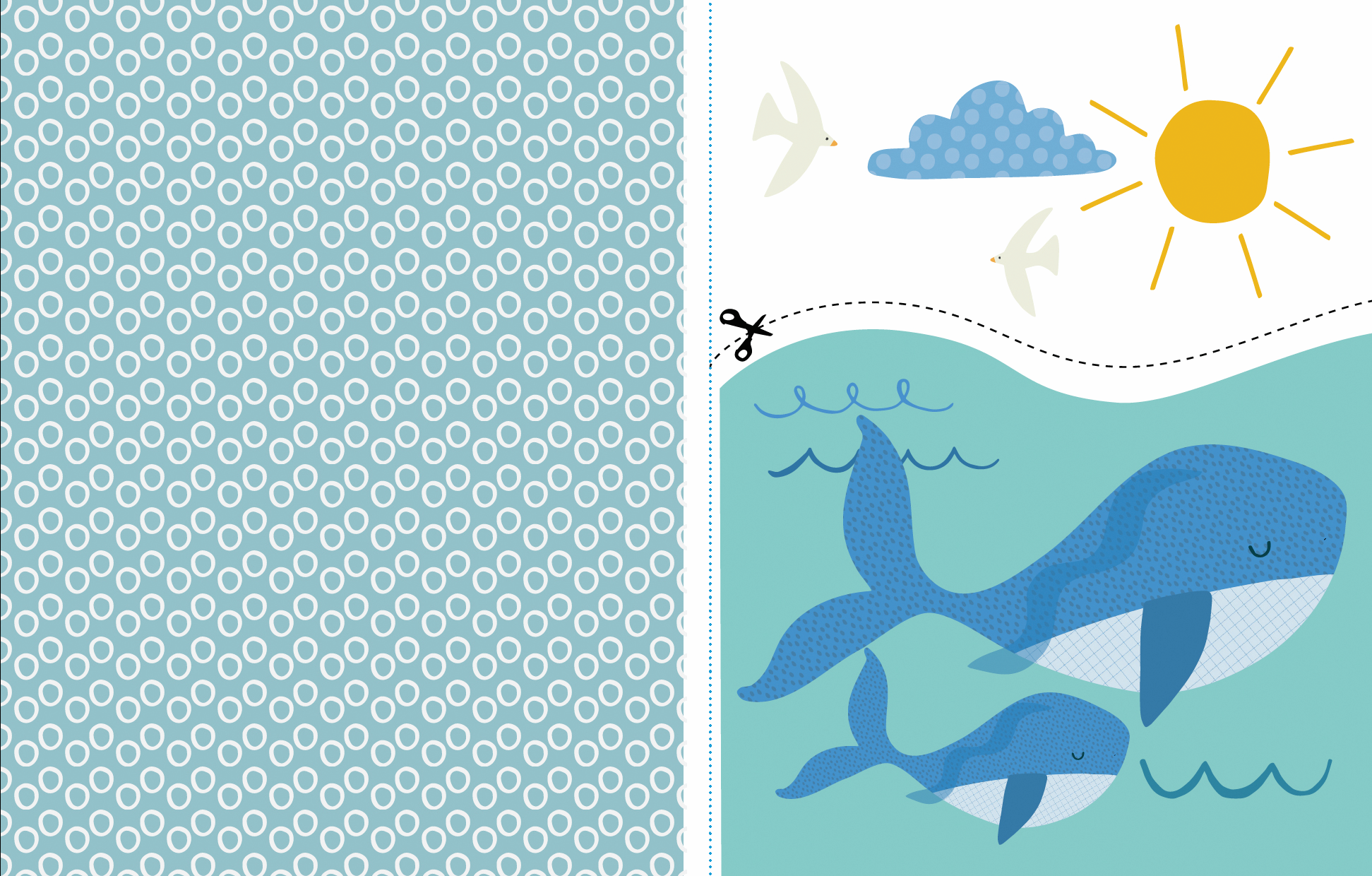 Fabric with whale pattern on one side and blue geometric pattern on the other, featuring whales and a sun.