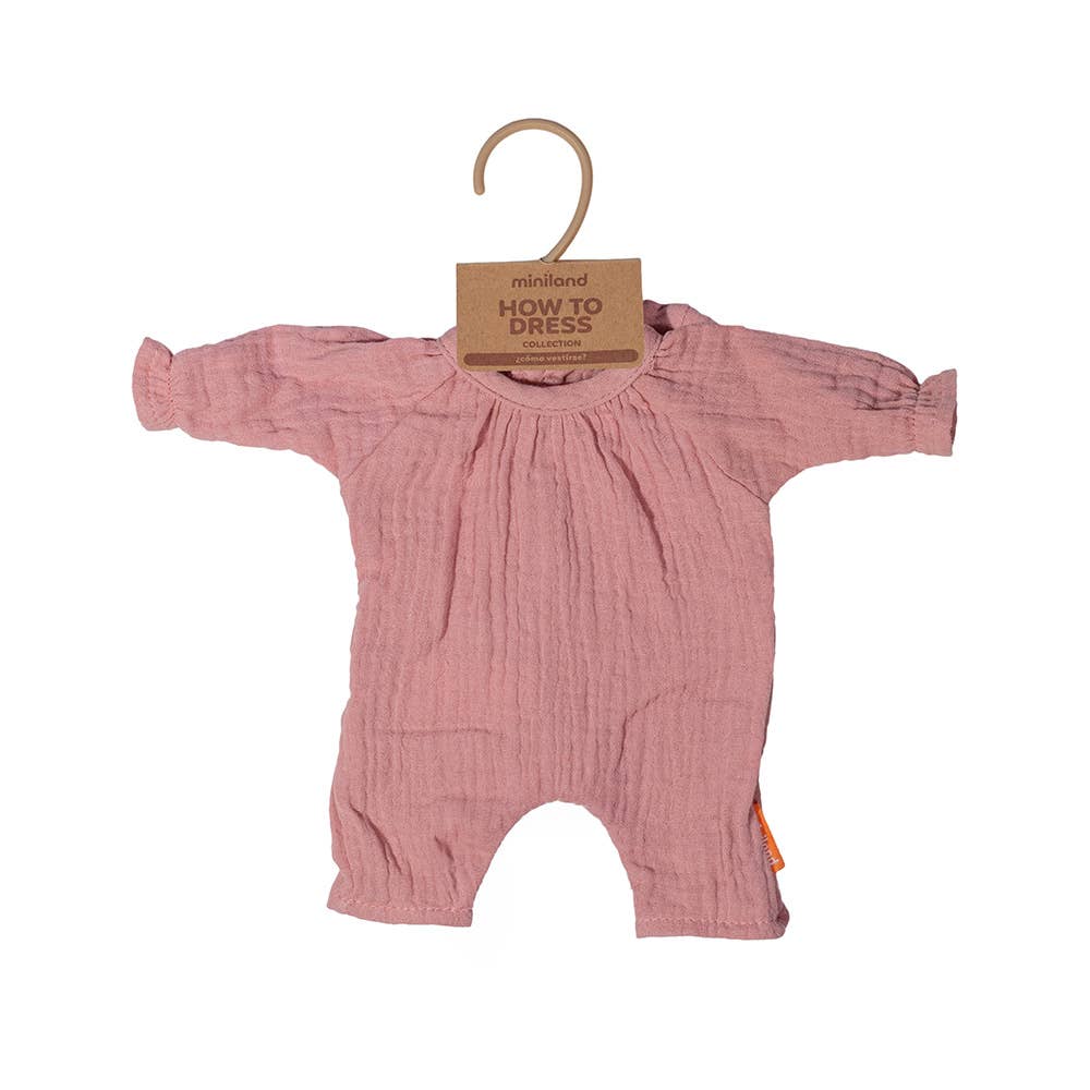 Pink baby romper on a hanger with 'miniflo' label on a white background