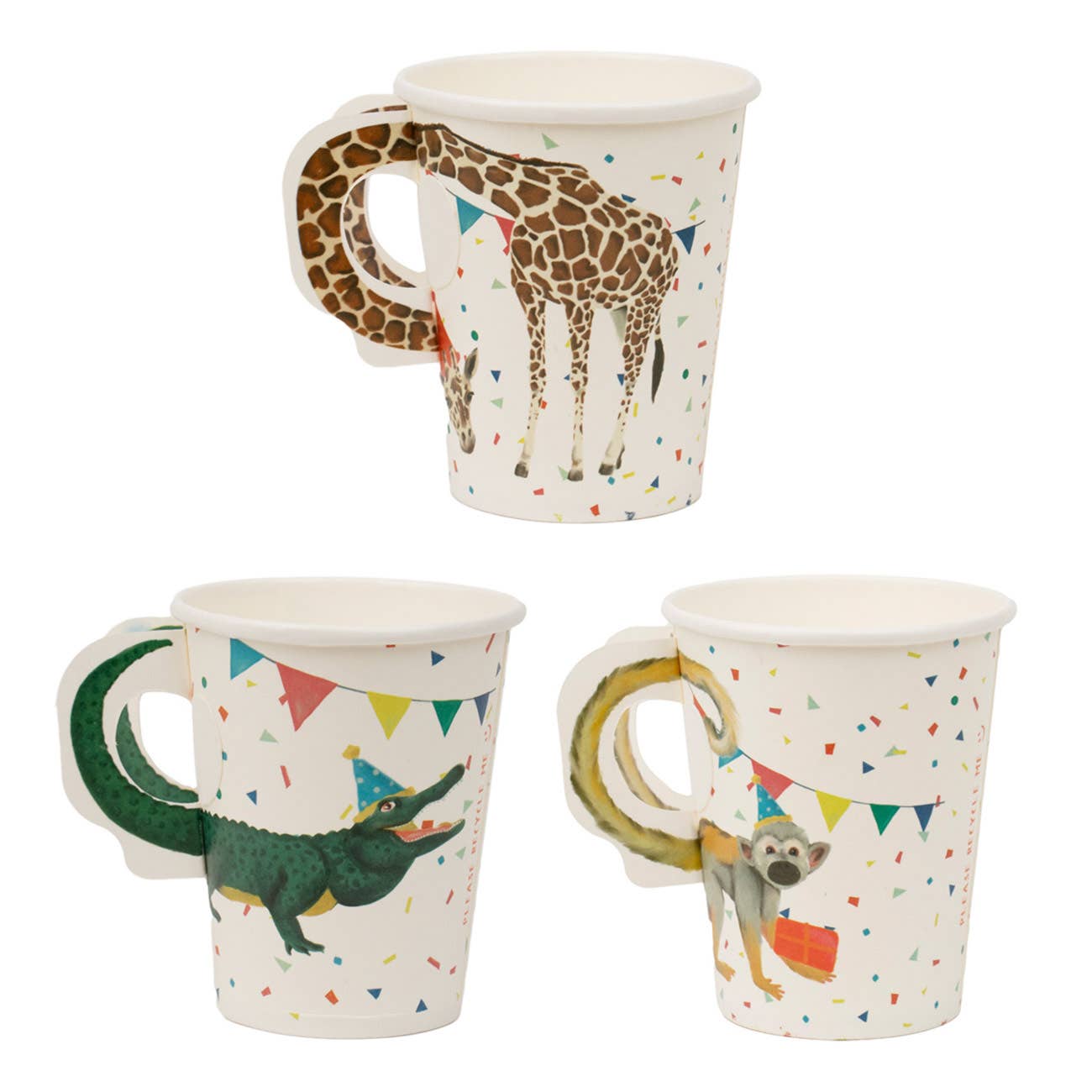 Three paper mugs with animal designs on a white background