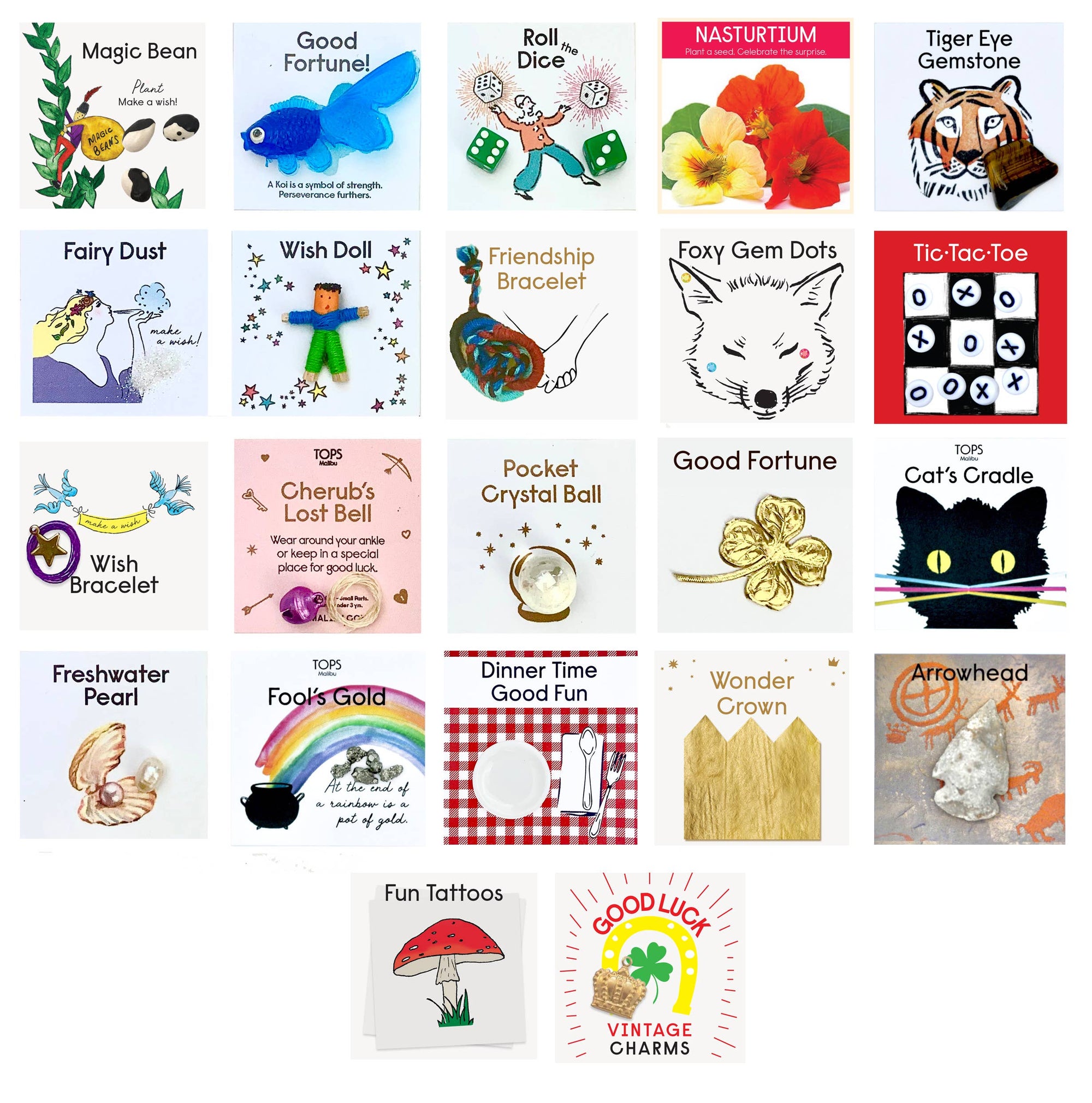 Collection of various children's toys and items with colorful labels on a white background.