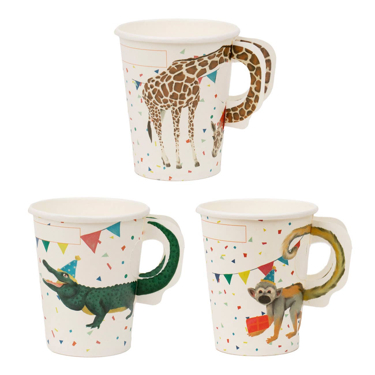 Three mugs with animal designs on a white background