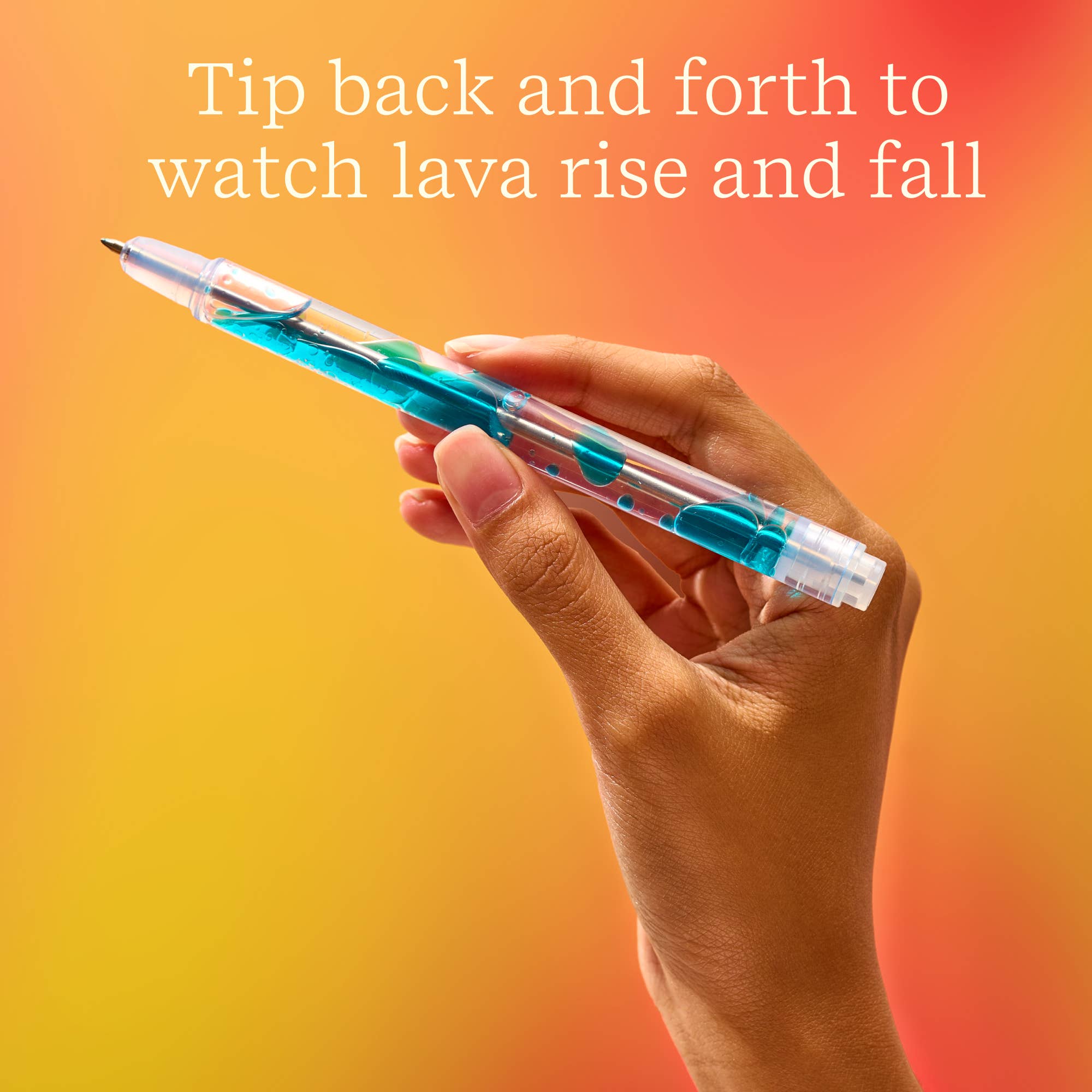 Hand holding a pen with blue liquid, set against an orange gradient background with text.