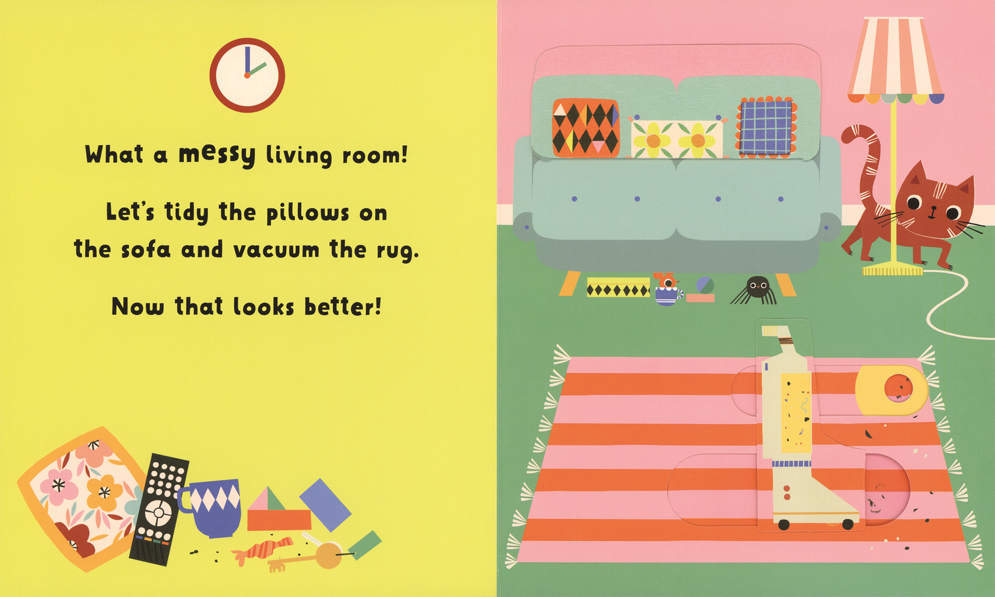 Illustration of a messy living room with text on a yellow background