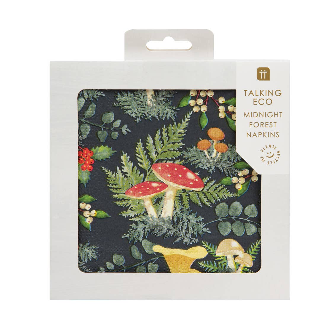 Pack of forest-themed napkins with mushrooms and foliage packaging on a white background