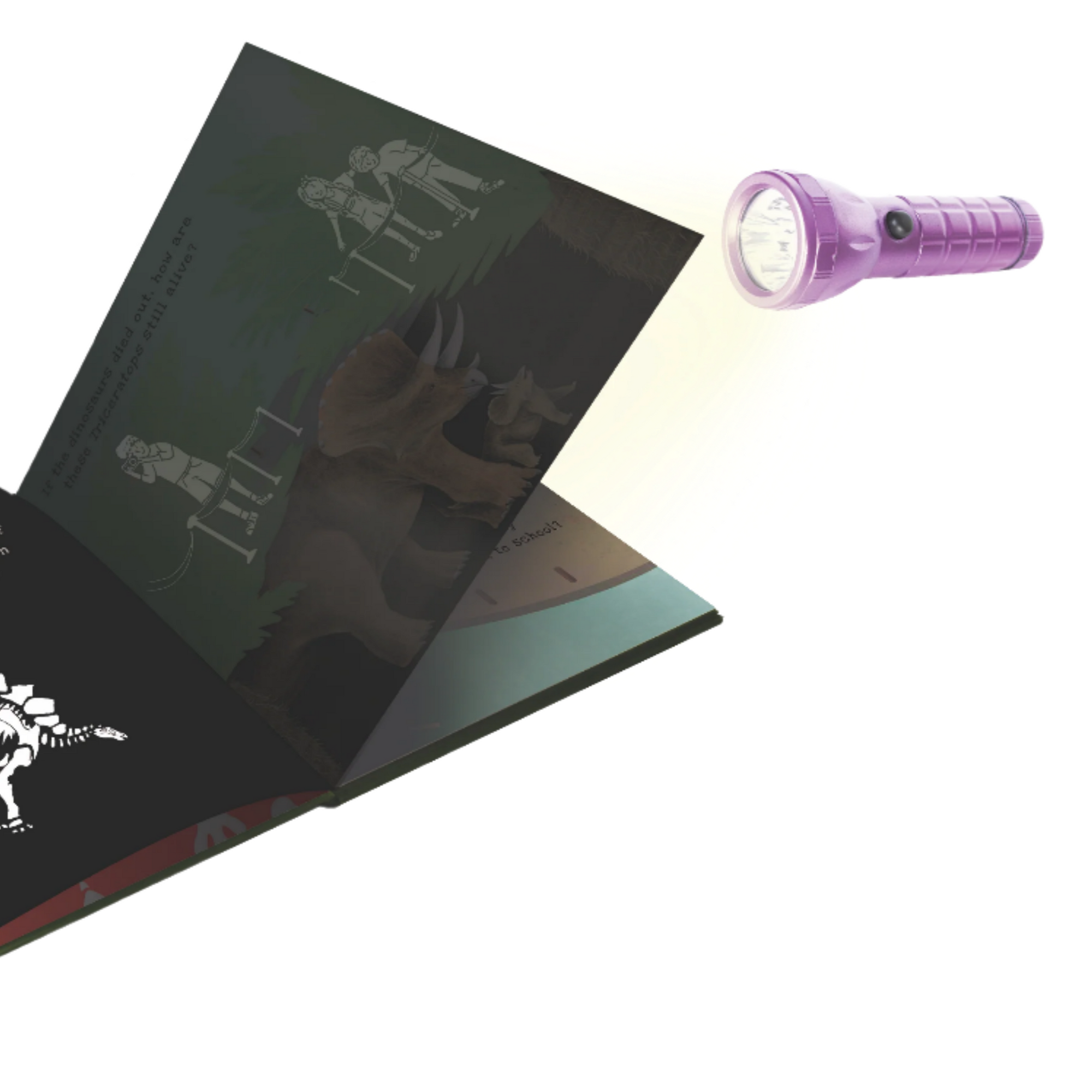 Book with dinosaur illustration and flashlight on a white background