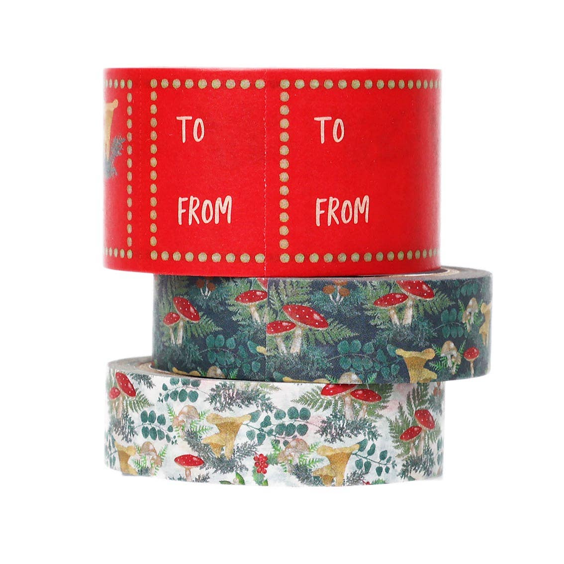 Set of washi tape rolls with a red label and nature-themed designs on a white background