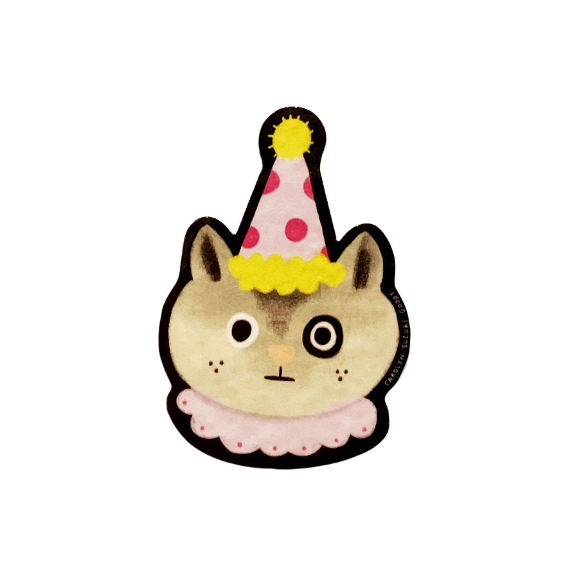 Cat-shaped plush toy with a party hat on a white background