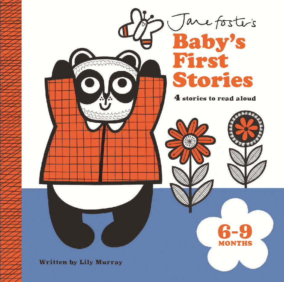 Book cover of 'Baby's First Stories' with a panda illustration and floral elements.