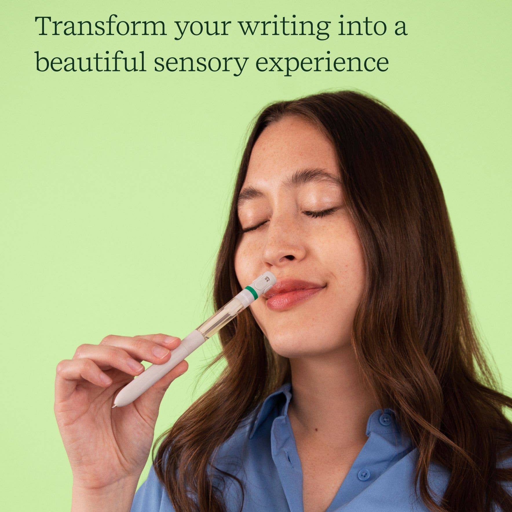 Woman holding a pen with a green background and text about writing experiences