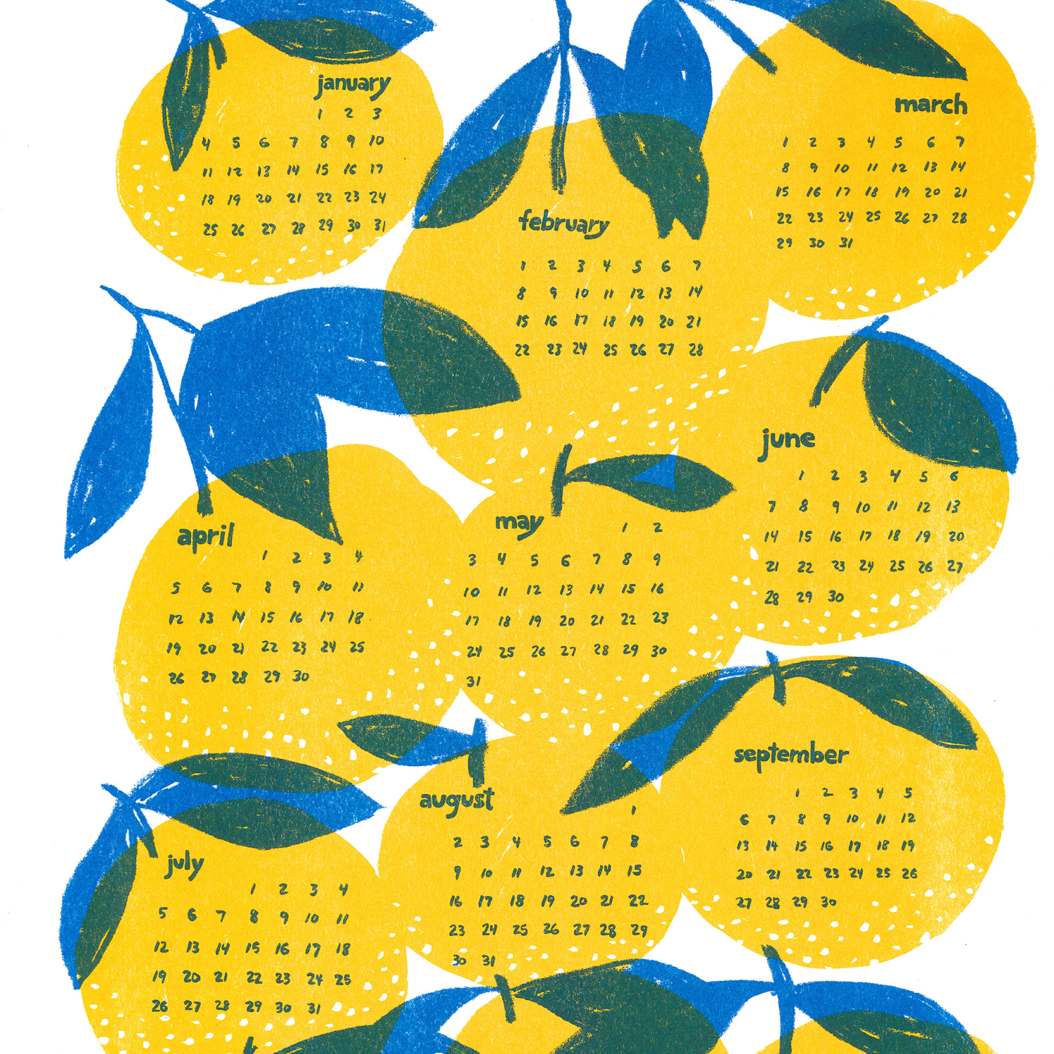 Calendar with lemon illustrations for each month on a white background