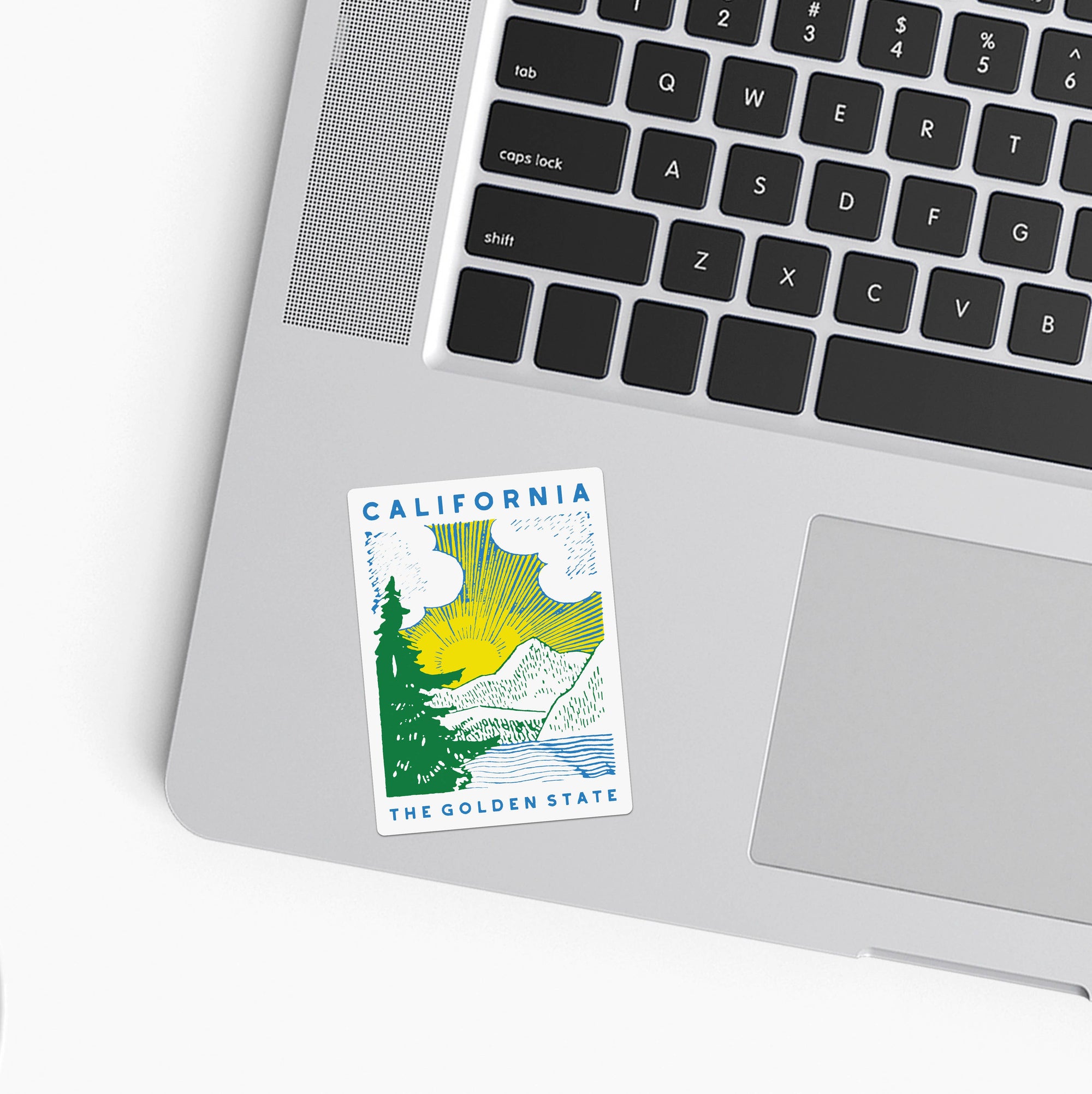 Laptop with a California-themed sticker on the palm rest area