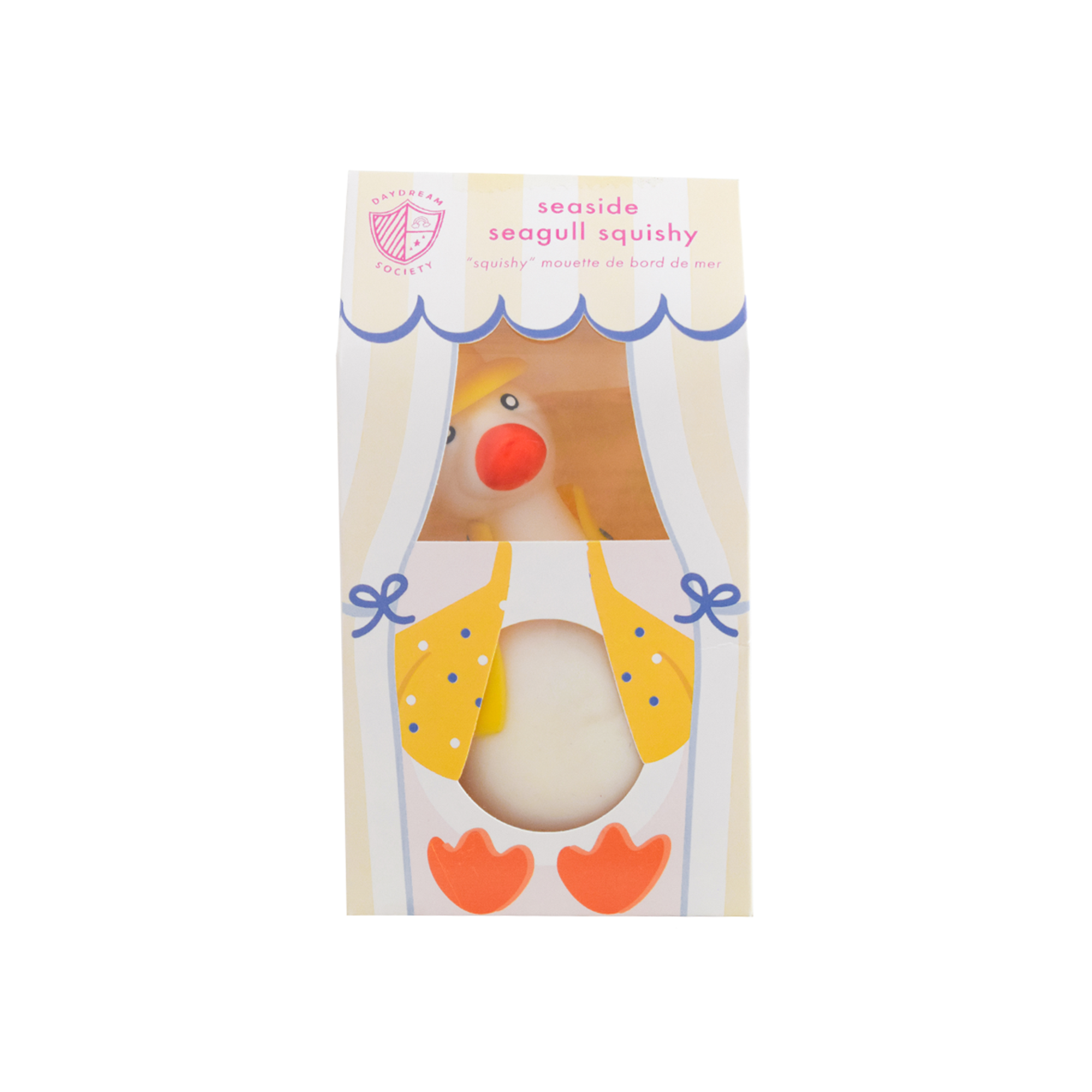 Seaside seagull squishy toy in packaging on a white background