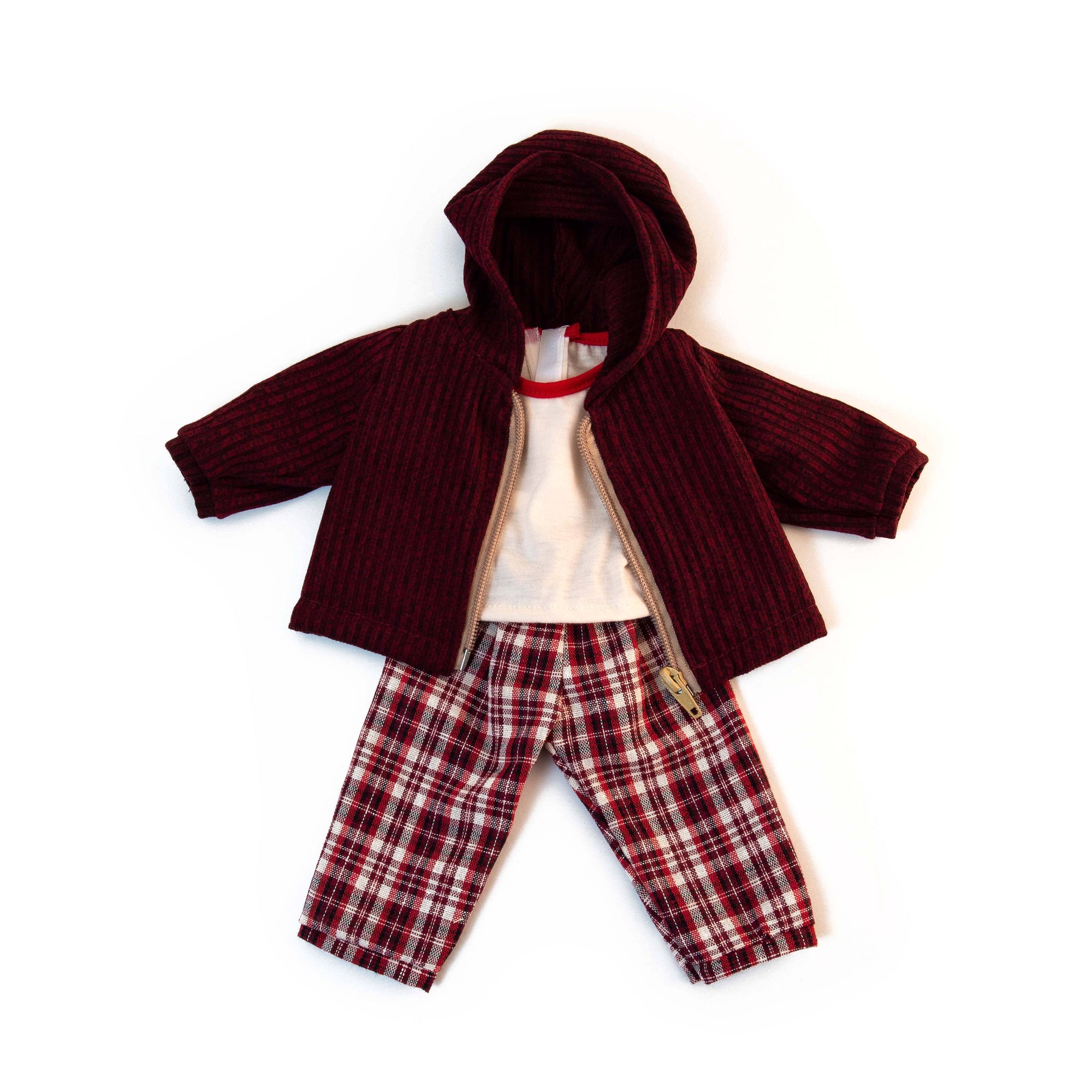 Dolls outfit with maroon hoodie, white shirt, and red plaid pants on a white background