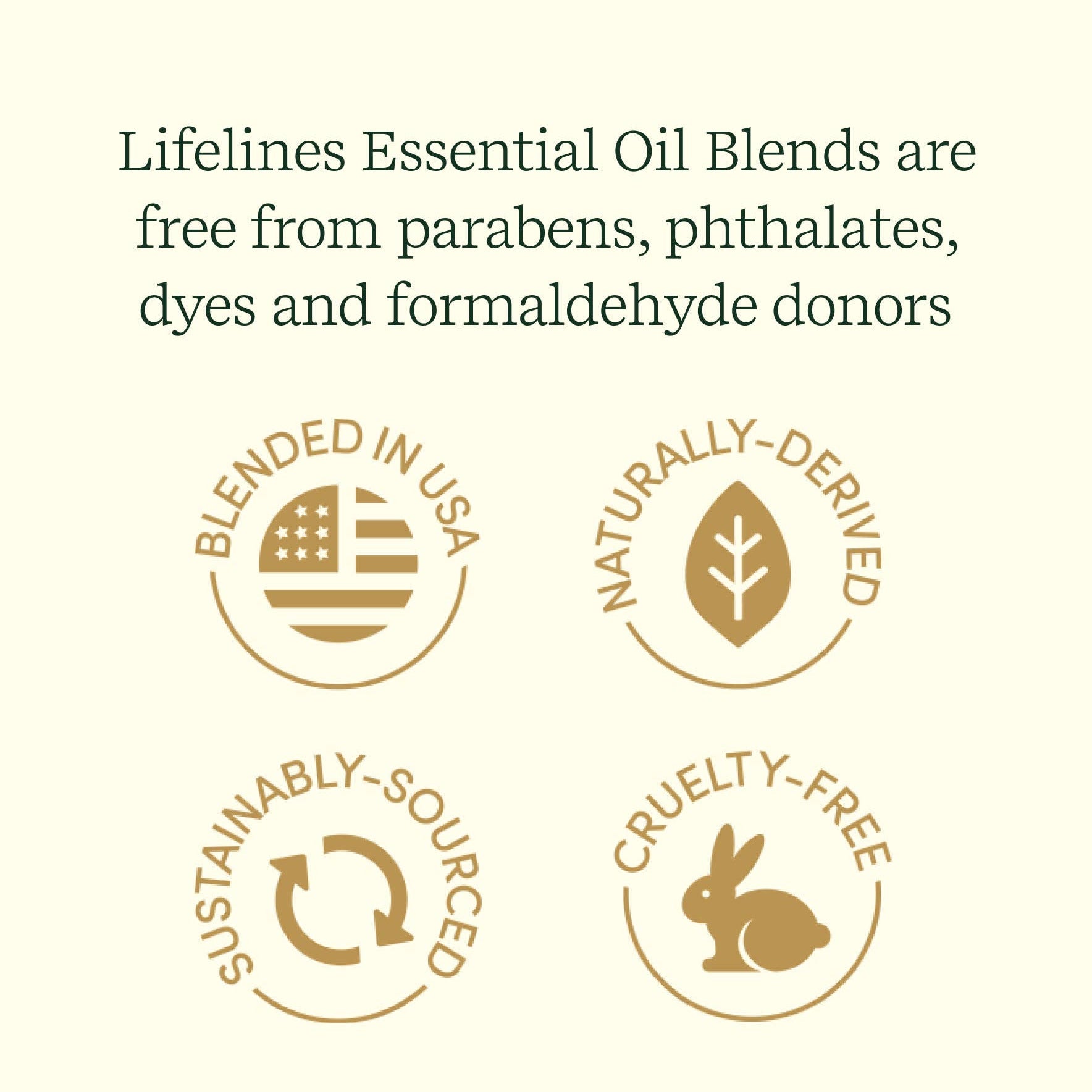 Lifelines Essential Oil Blends certification logos on a beige background