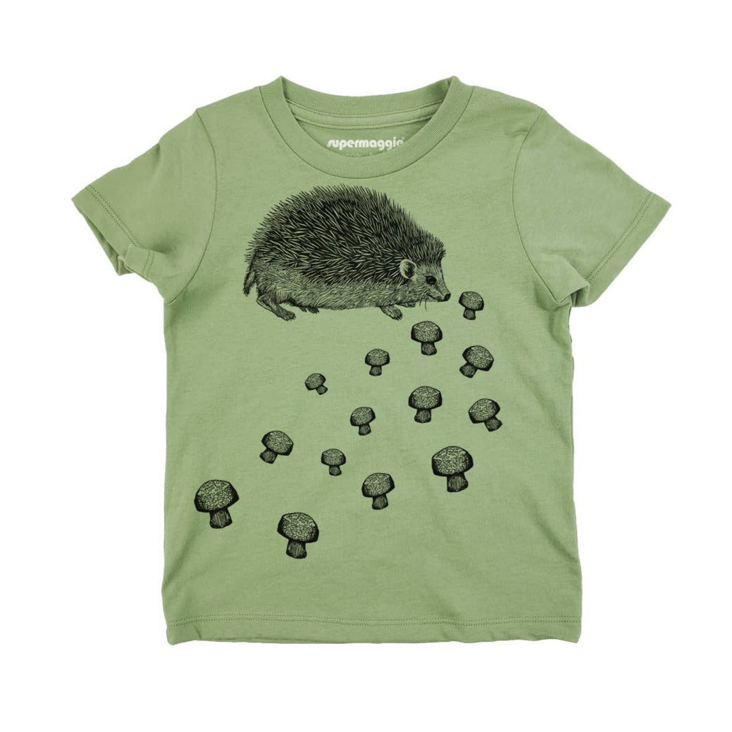 Green t-shirt with hedgehog and mushroom design on a white background