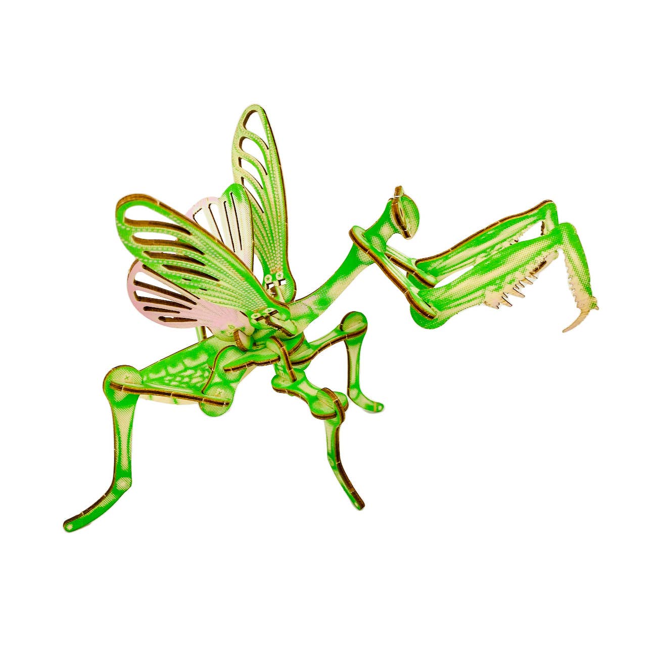 Green insect-shaped sculpture on a white background