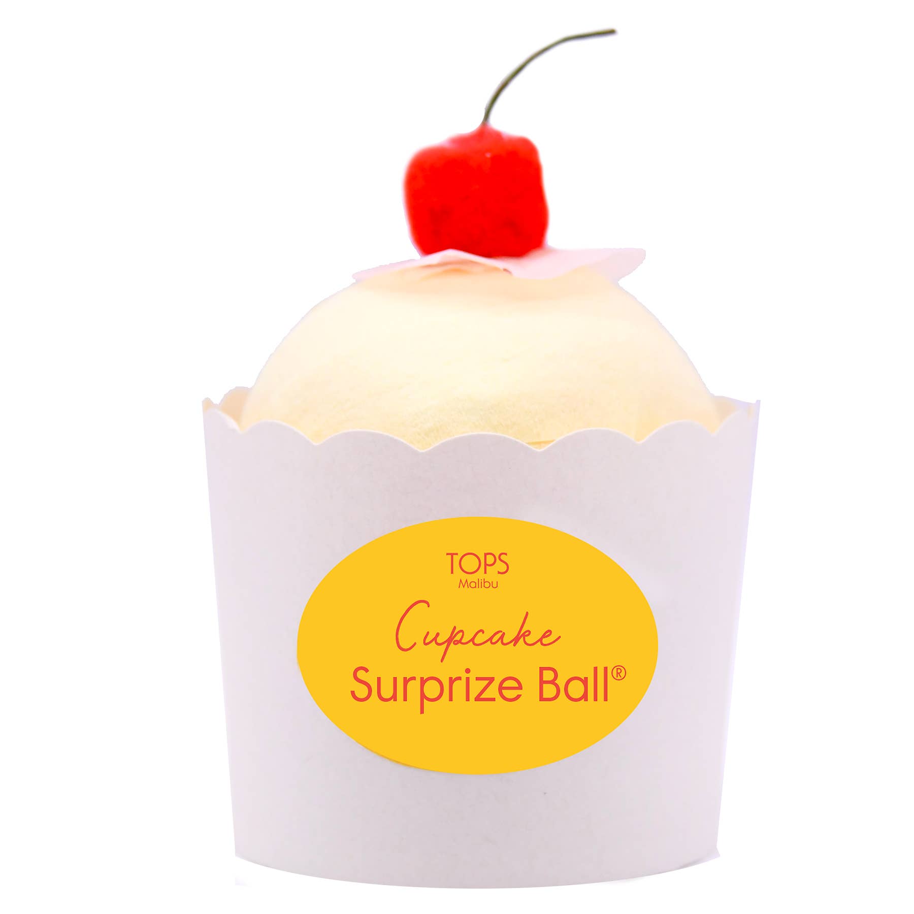 Cupcake-shaped surprise ball with a cherry on top, featuring the TOPS Mullen brand.