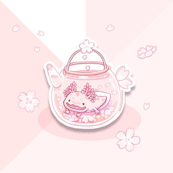 Illustration of a whale inside a teapot with cherry blossoms on a pink background
