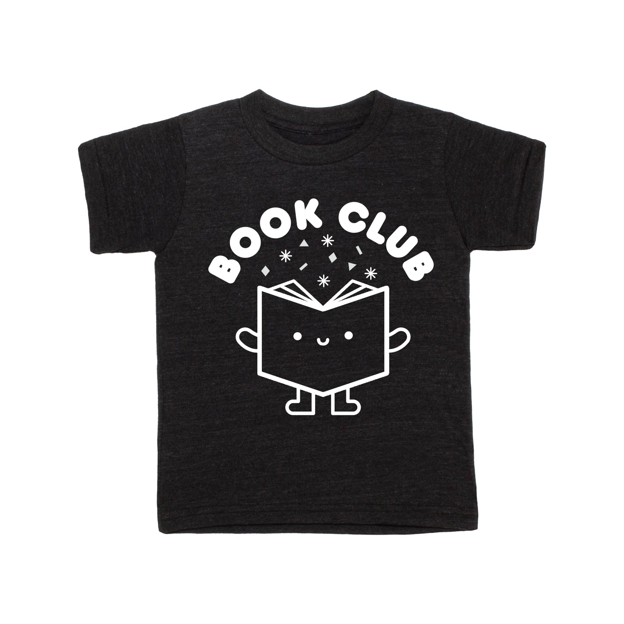 Black t-shirt with 'Book Club' design featuring a book character on a white background