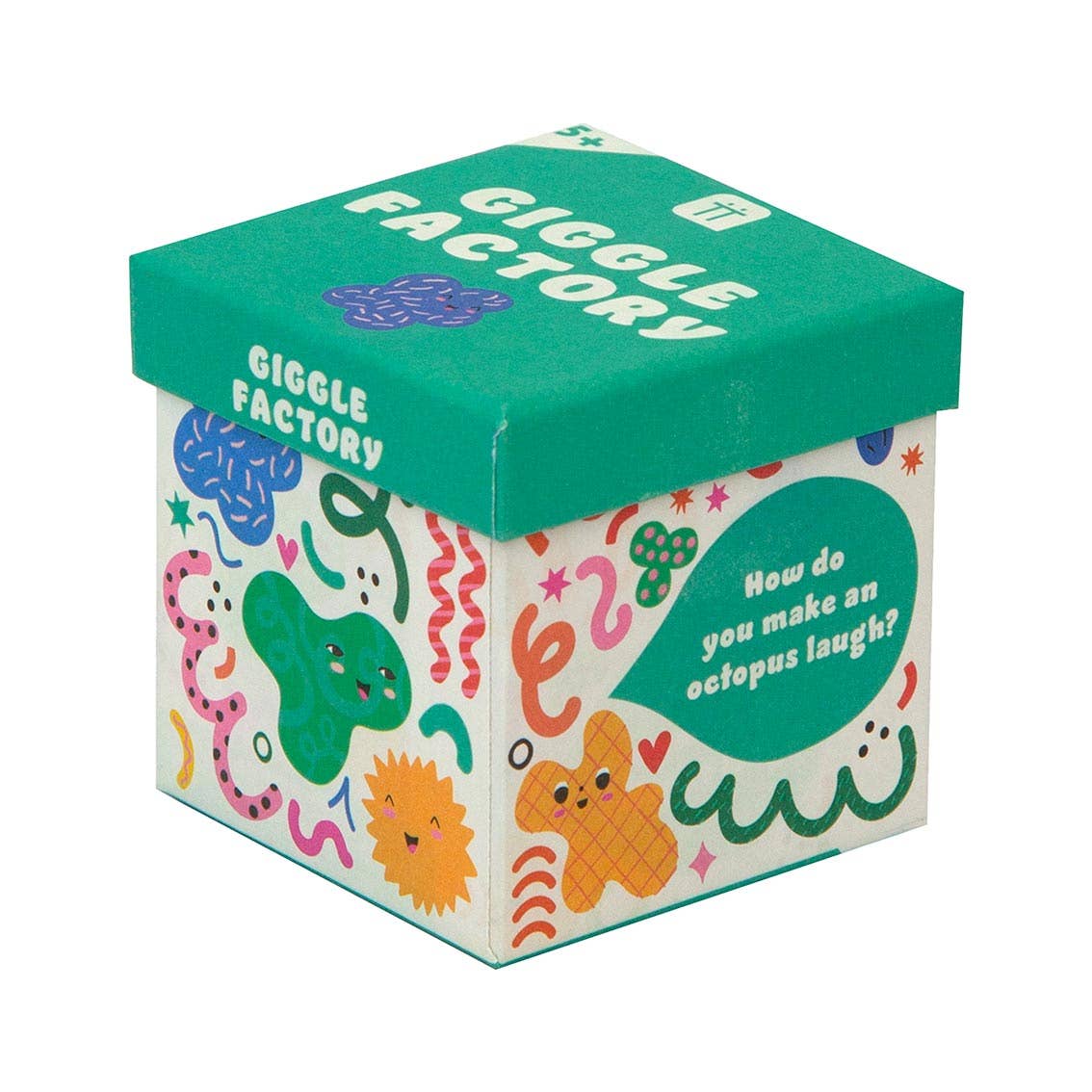 Giggle Factory product packaging with colorful designs and text on a white background