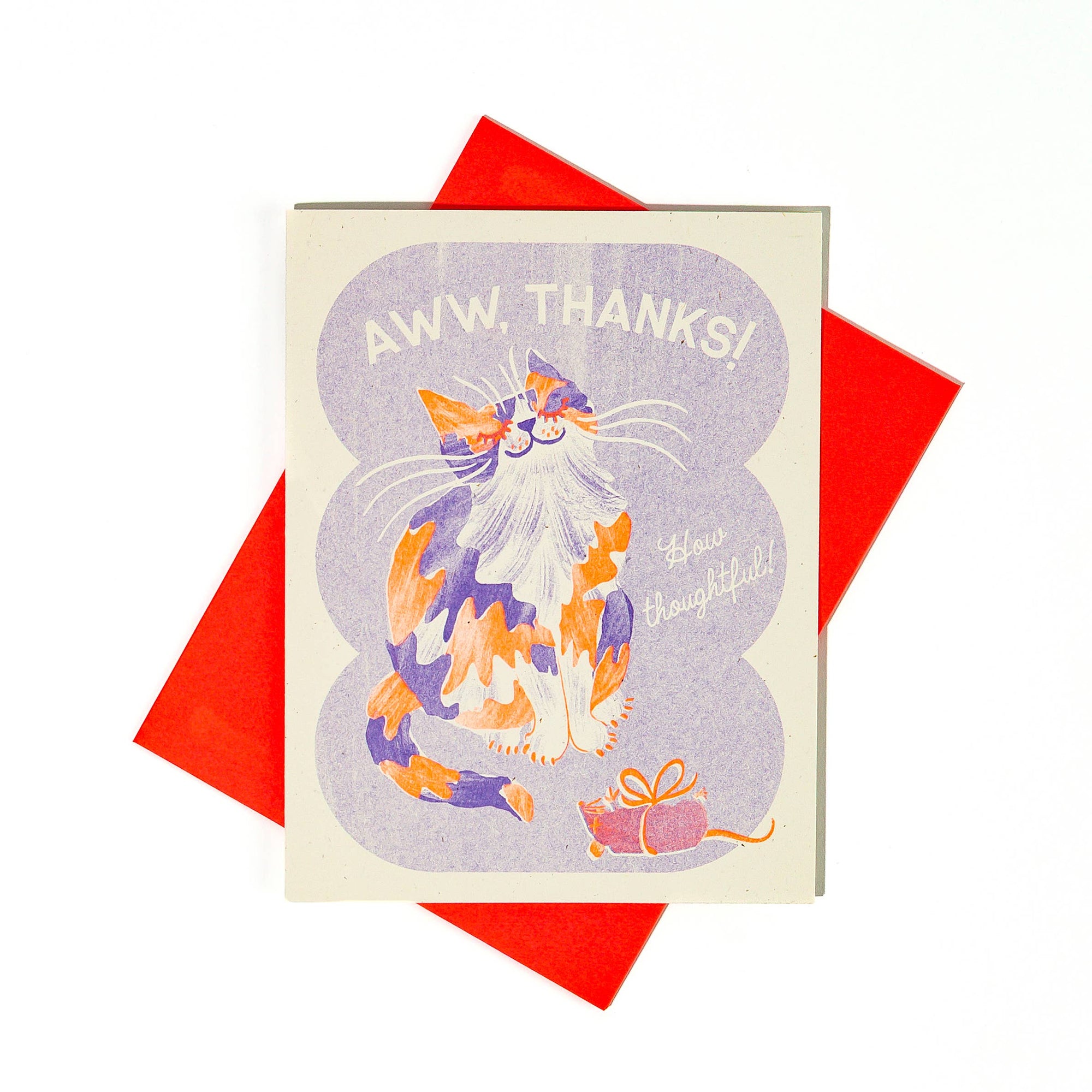 Greeting card with cat illustration and 'AWW, THANKS!' text on a red envelope.
