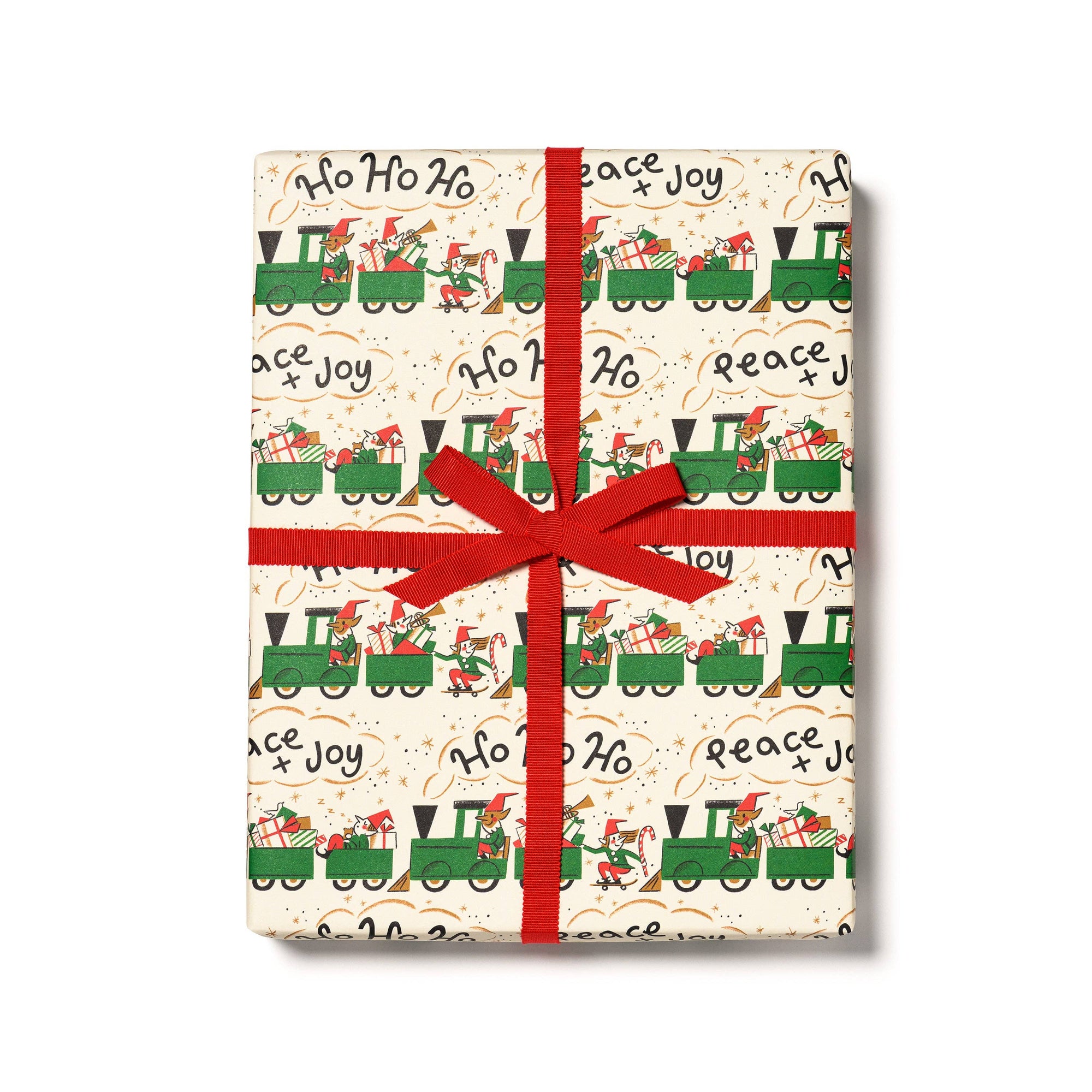 Gift box wrapped with Christmas-themed paper featuring Santa Claus and reindeer, tied with a red ribbon.