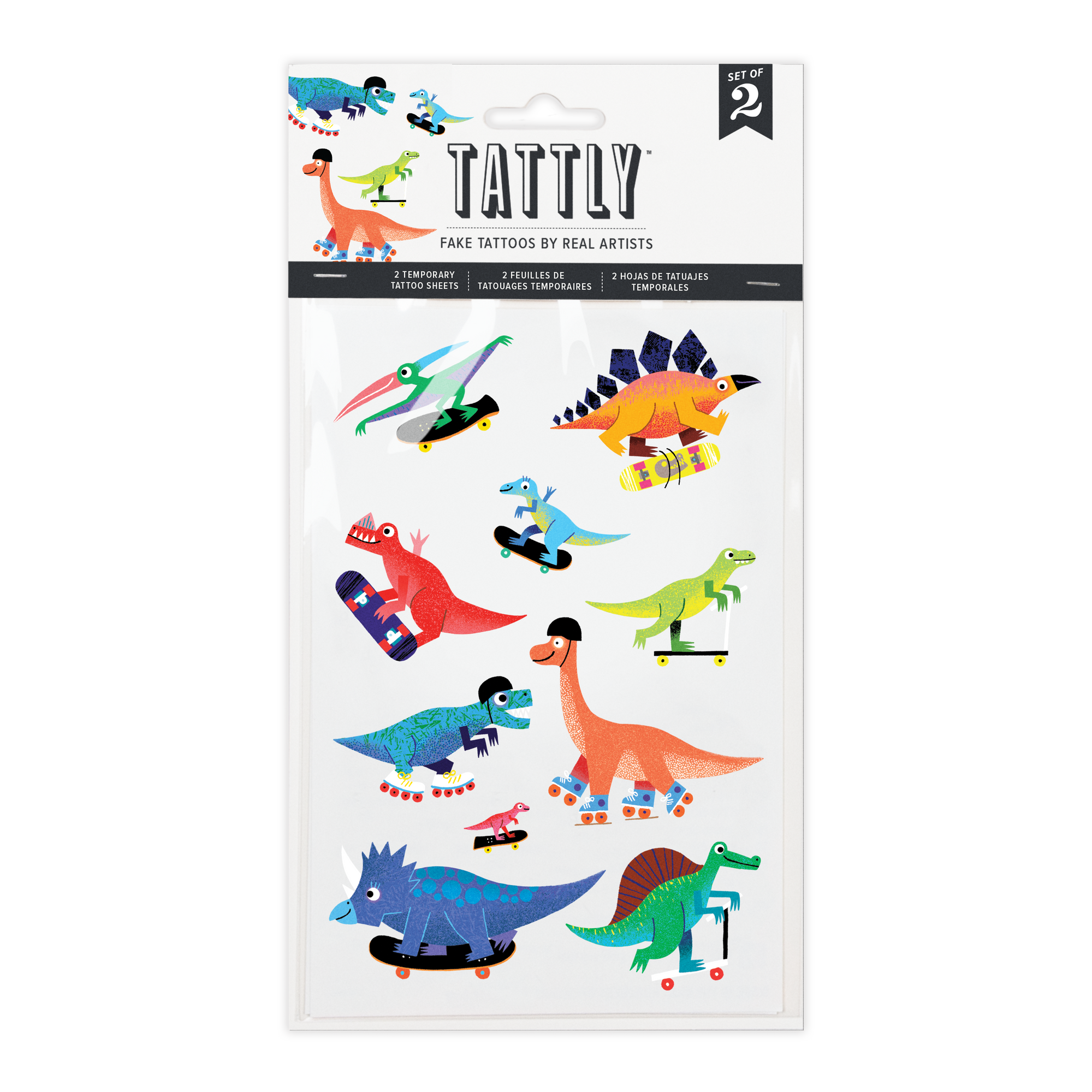 Pack of Tattly dinosaur tattoos with colorful designs on a white background