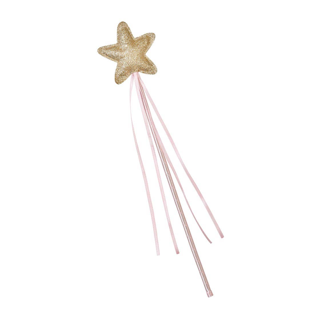 Gold star-shaped fairy wand with pink tinsel on a white background