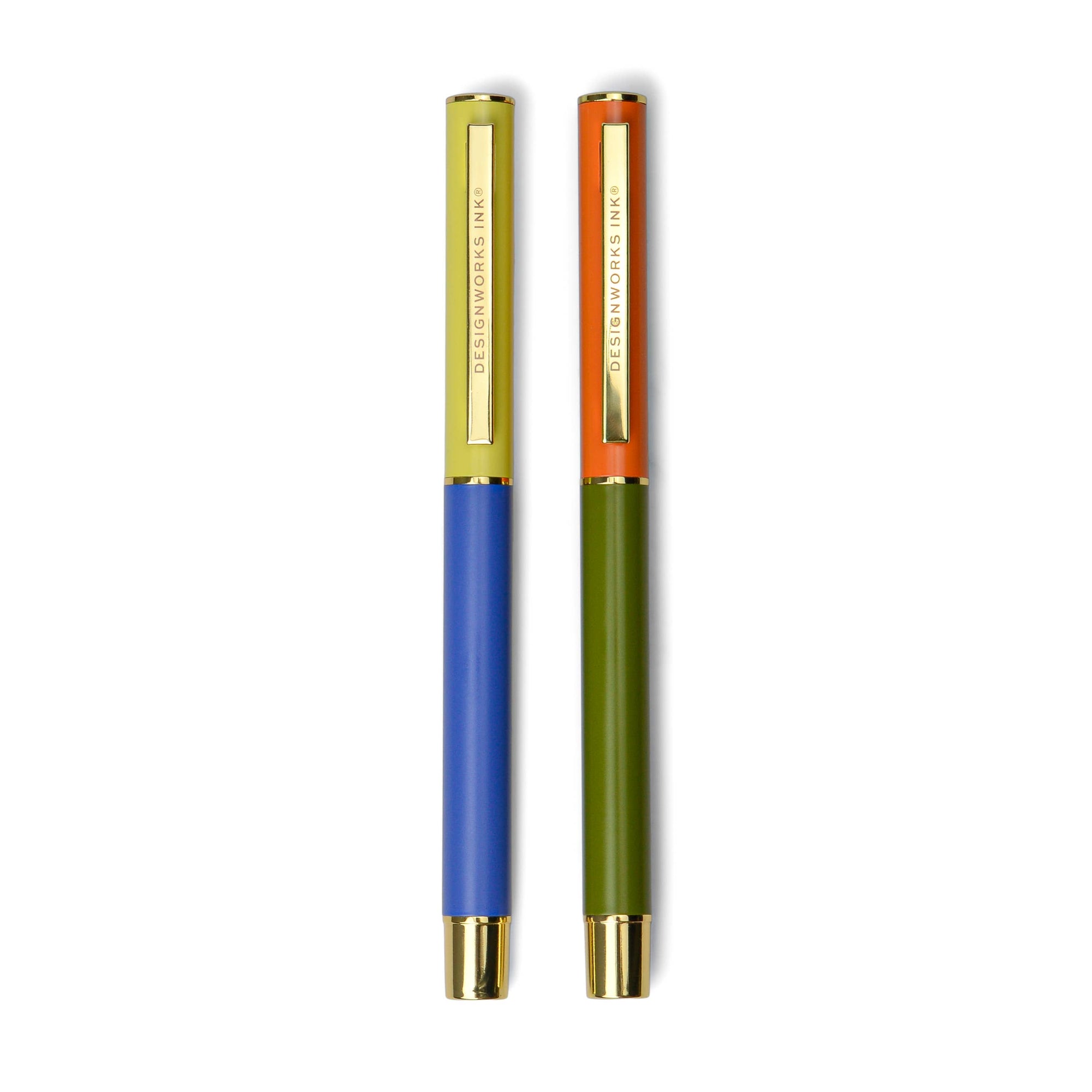 Two multicolored pens with gold accents on a white background