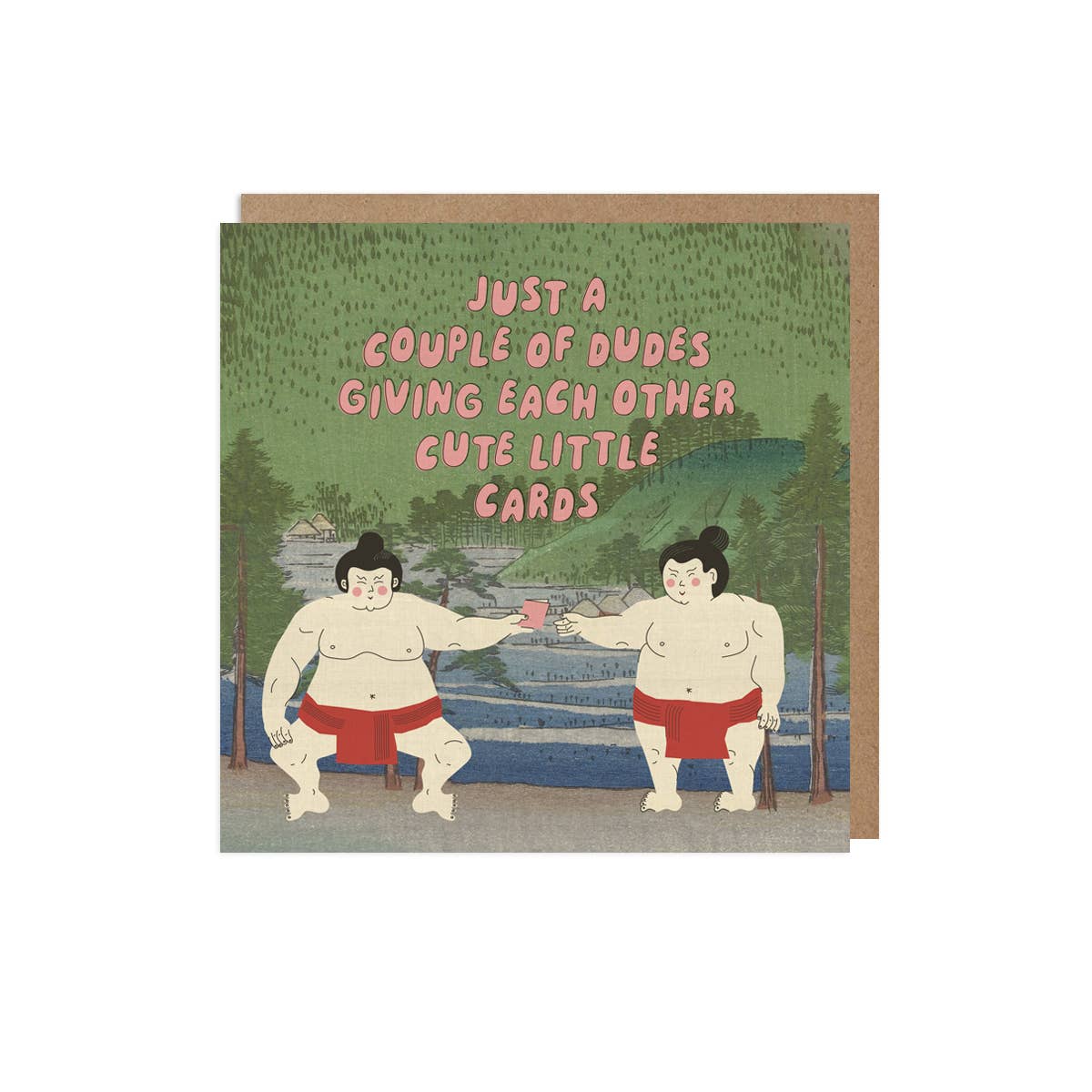 Card with illustration of two sumo wrestlers exchanging cards, set against a scenic background.