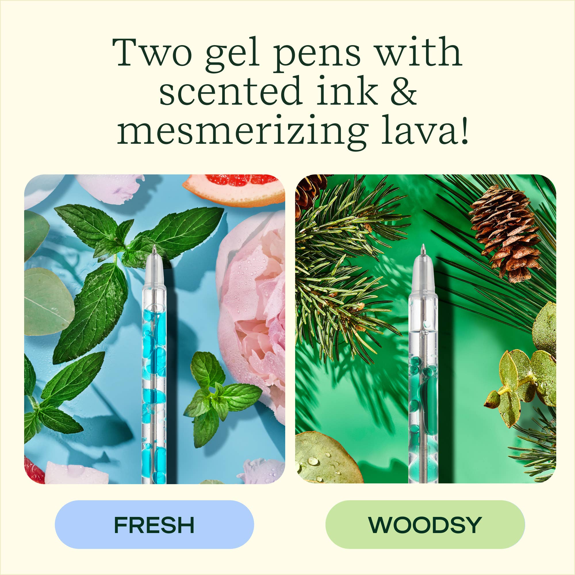 Two gel pens with scented ink on a colorful background with flowers and leaves.