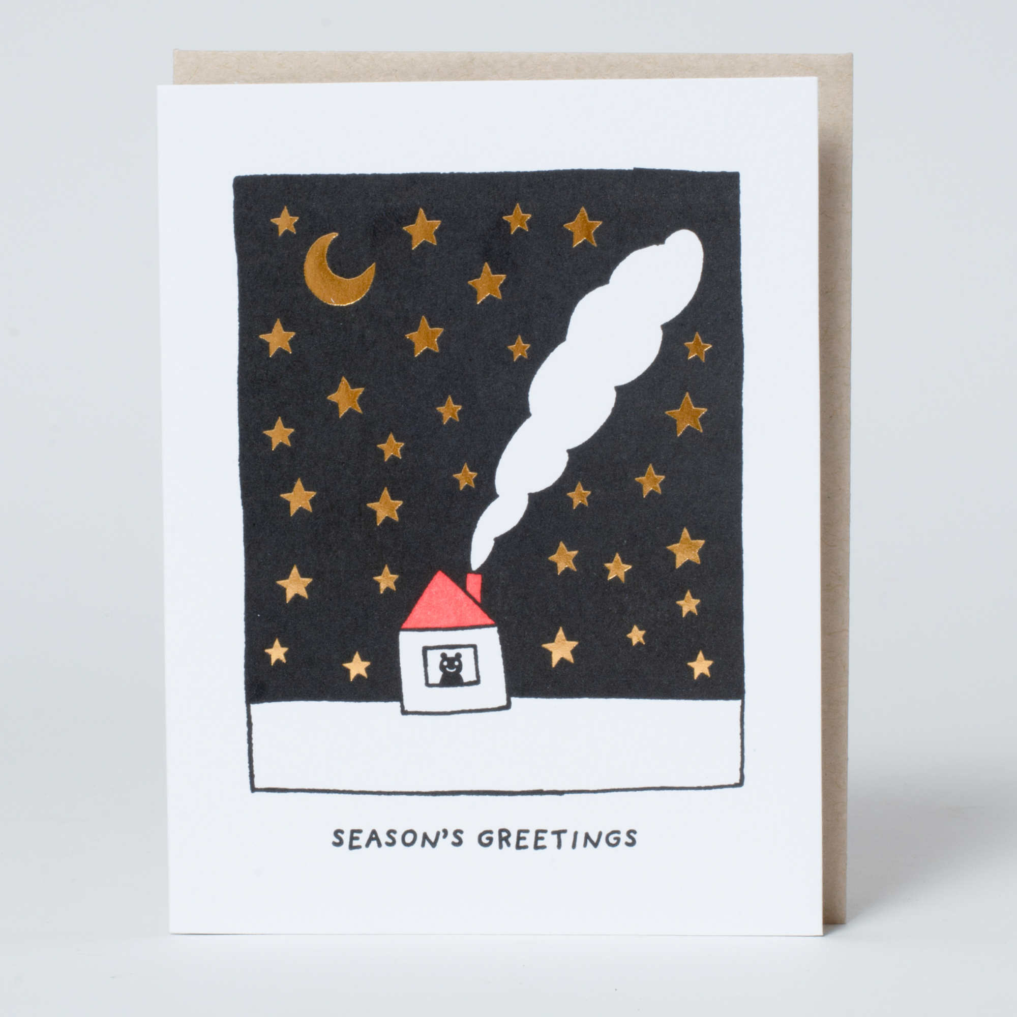 Greeting card with house, moon, and stars illustration on a white background