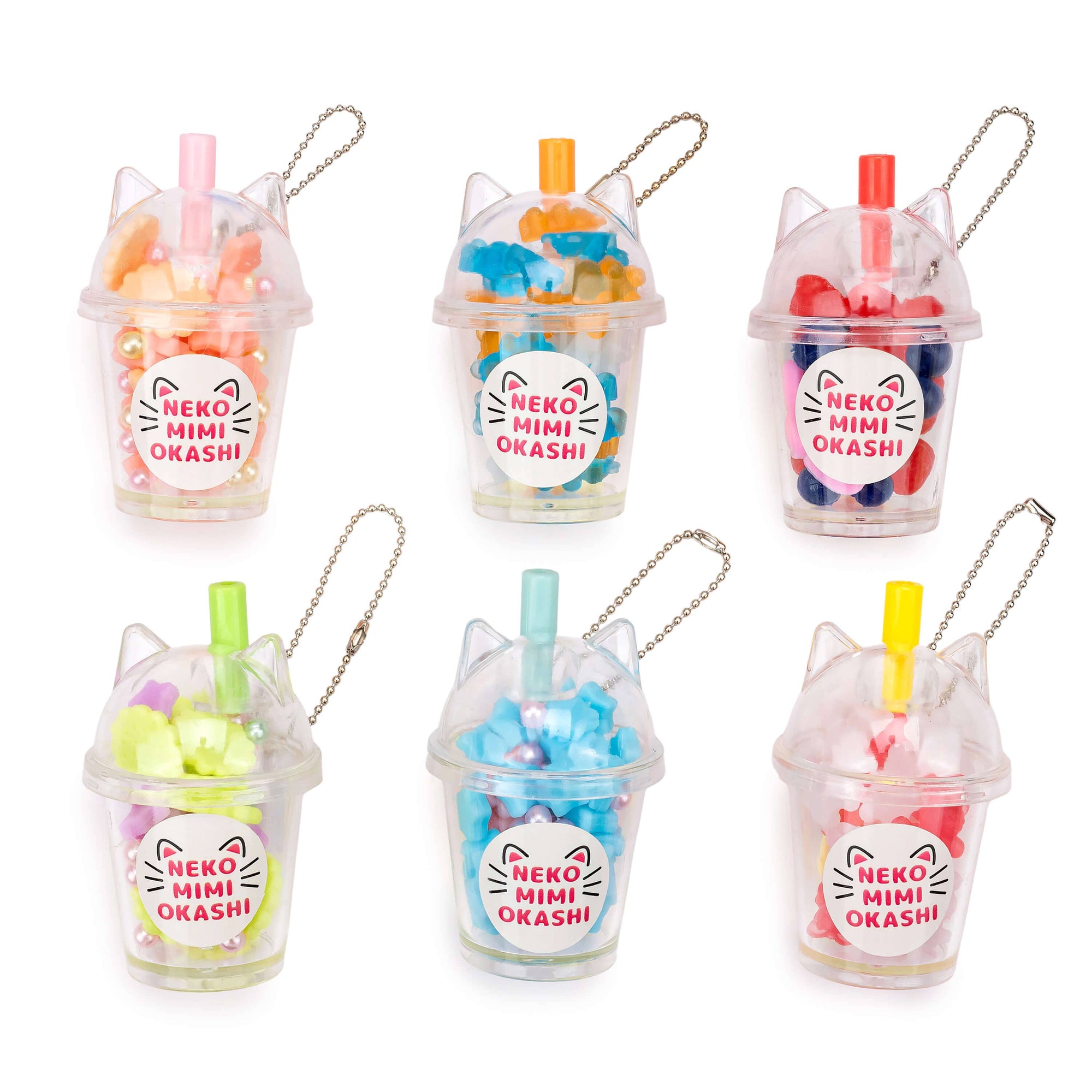 Set of six transparent cup-shaped containers with colorful contents and 'Neko Mimi Okashi' labels on a white background.