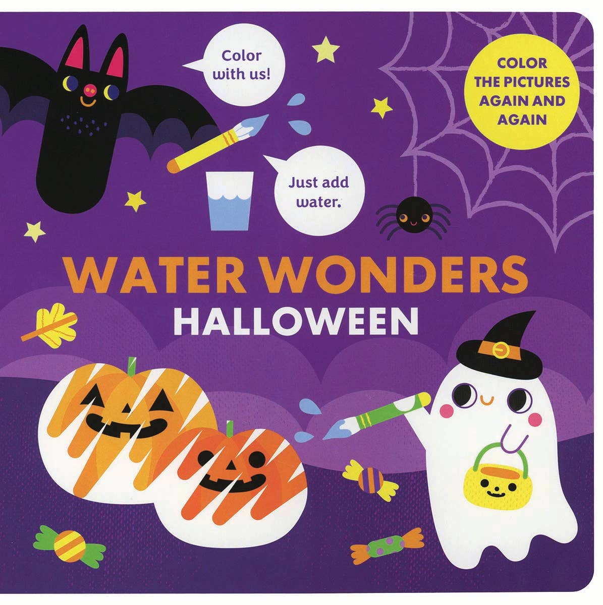 Cover of 'Water Wonders Halloween' book with Halloween-themed illustrations on a purple background.