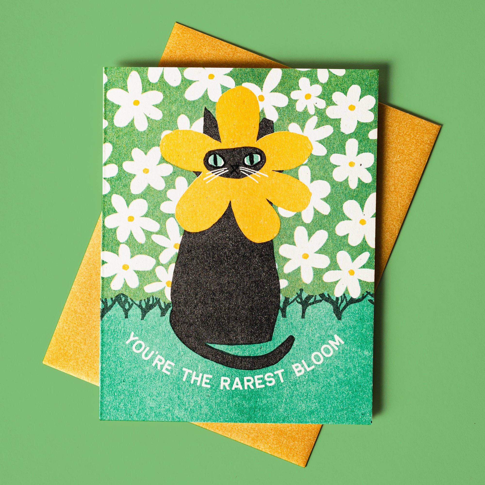 A greeting card with an illustration of a black cat wearing a sunflower hat, surrounded by white flowers on a seafoam background. The text on the card reads 'YOU'RE THE RAREST BLOOM'.