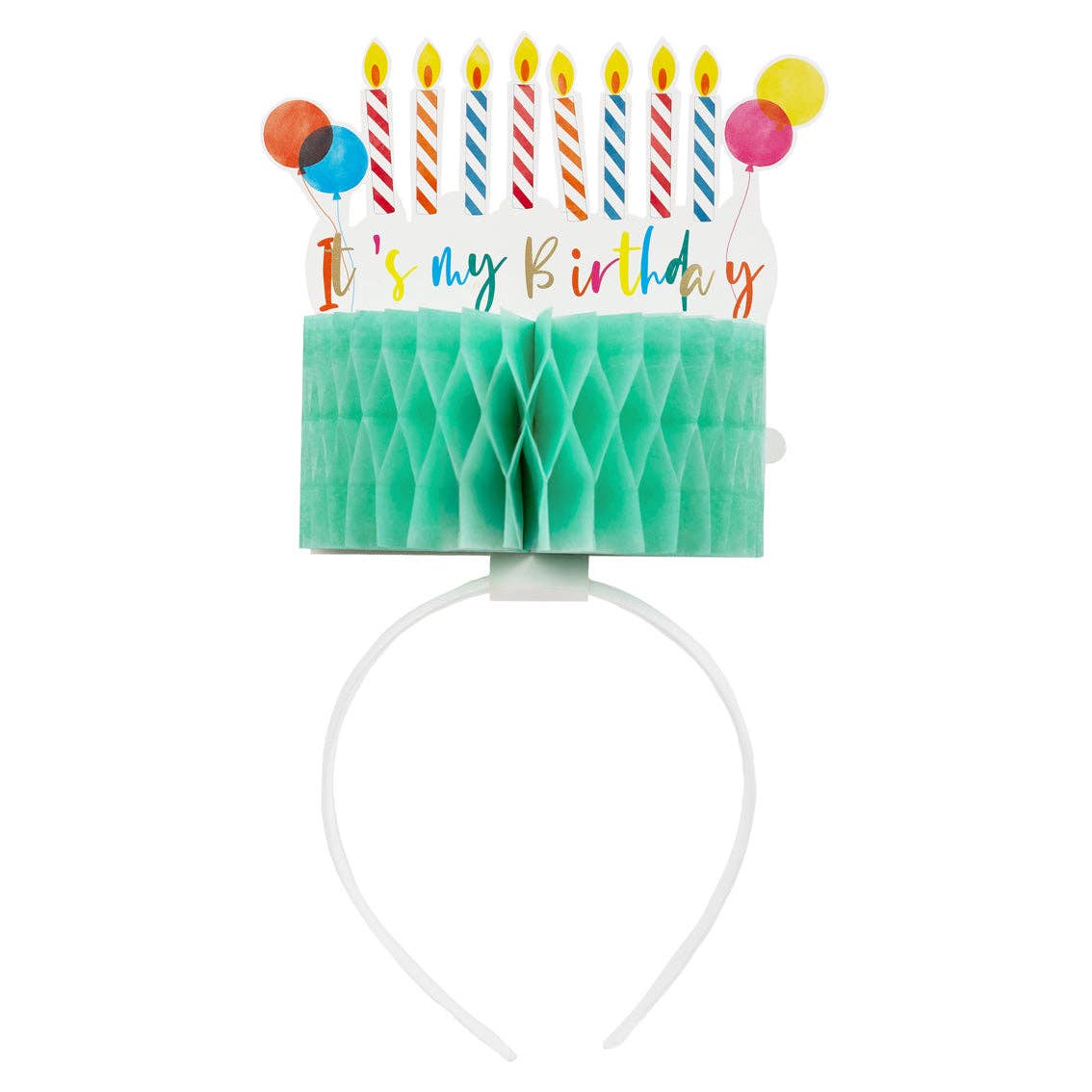 Birthday-themed headband with candles and balloons on a white background