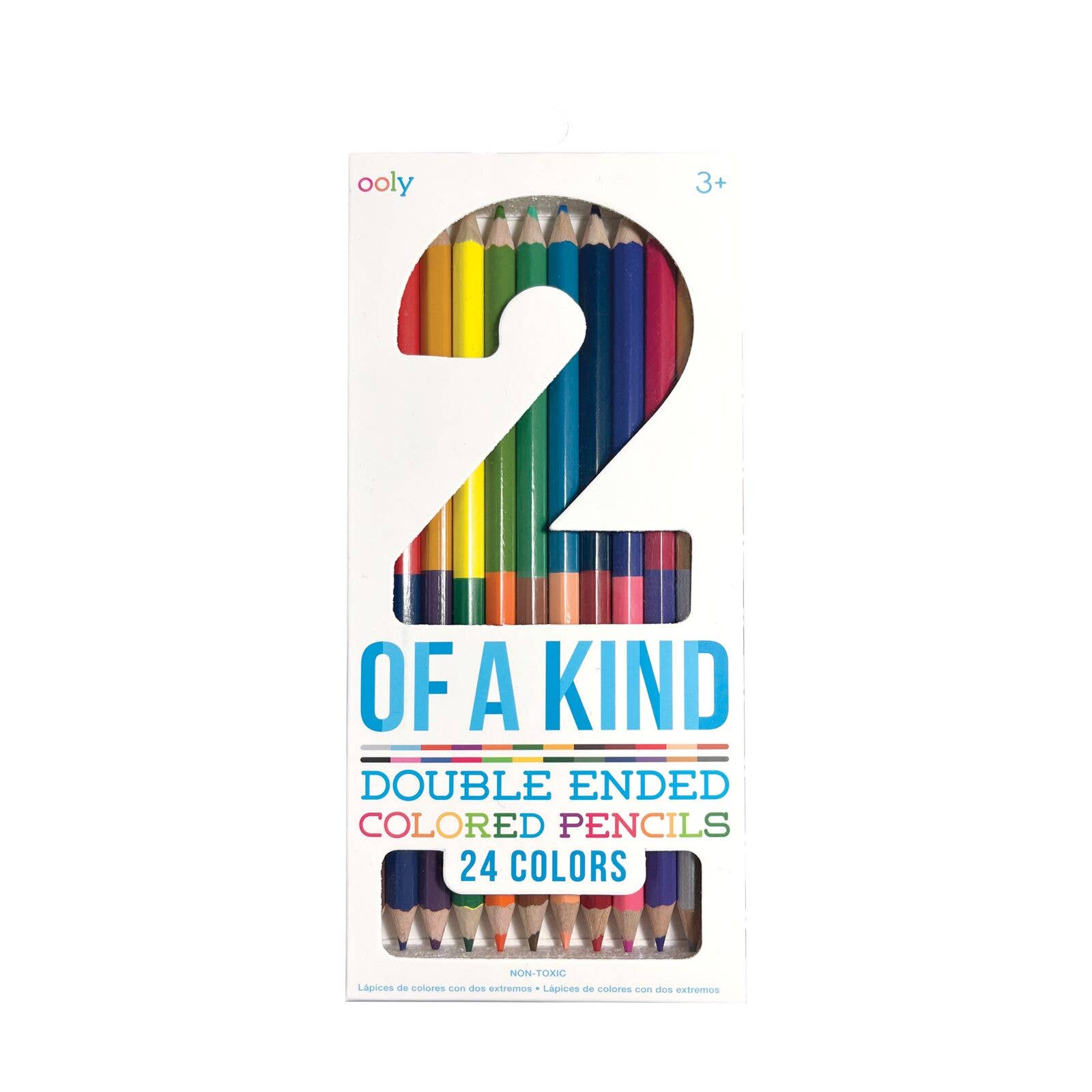 Packaging for Ooly brand colored pencils, showing a set of 12 double-ended pencils in various colors, with the slogan '2 Of A Kind, Double-Ended Colored Pencils' and '24 Colors' on the box.