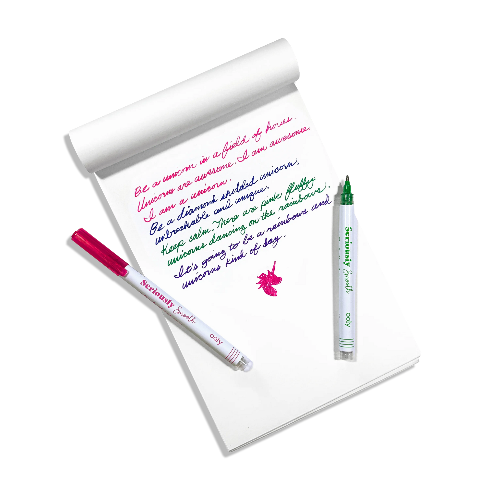 Roll of paper with handwritten text and two markers on a white background