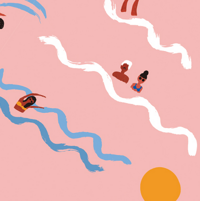 Illustration of people sunbathing on a pink background with wavy lines and a yellow circle.