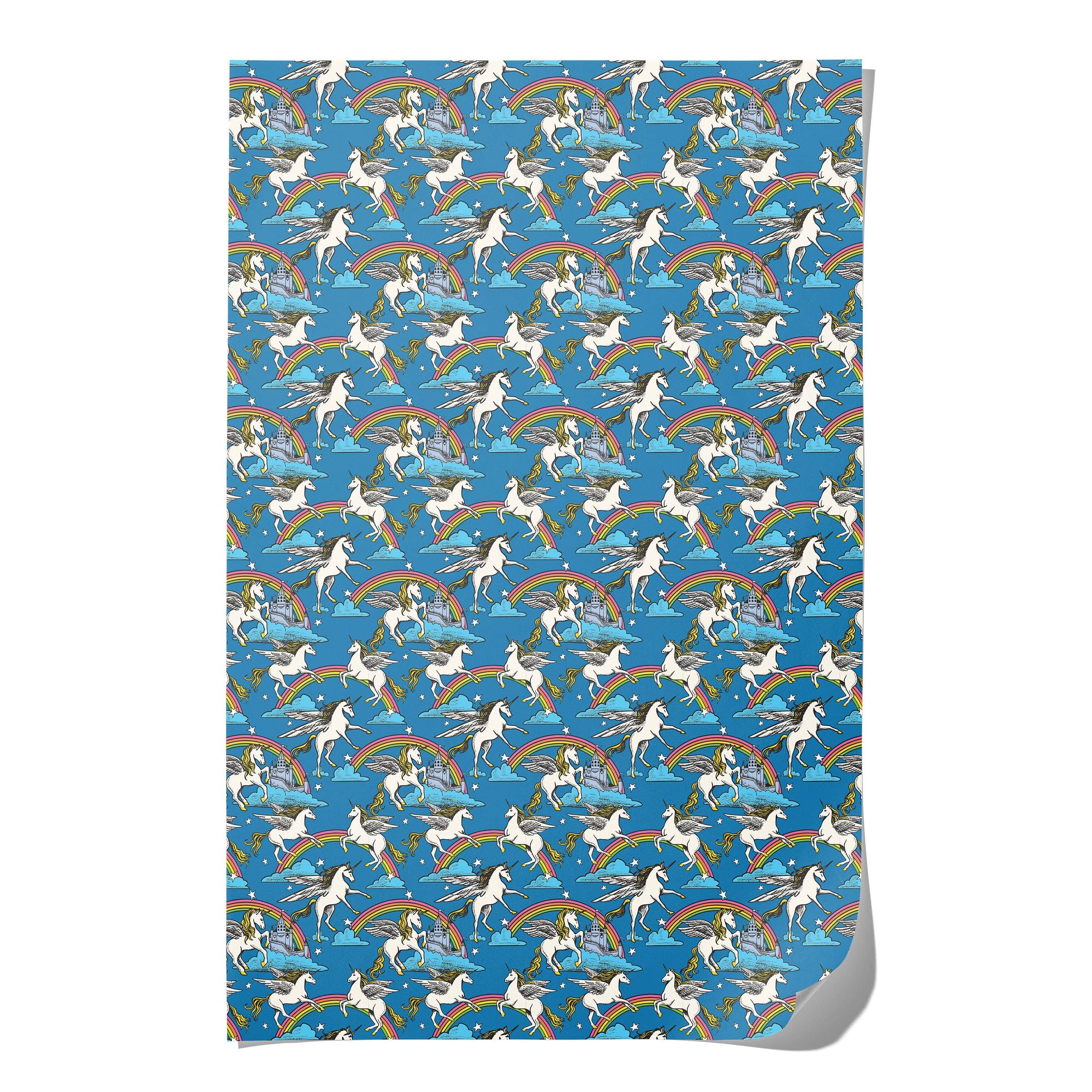 sheet with unicorn and rainbow pattern on blue background