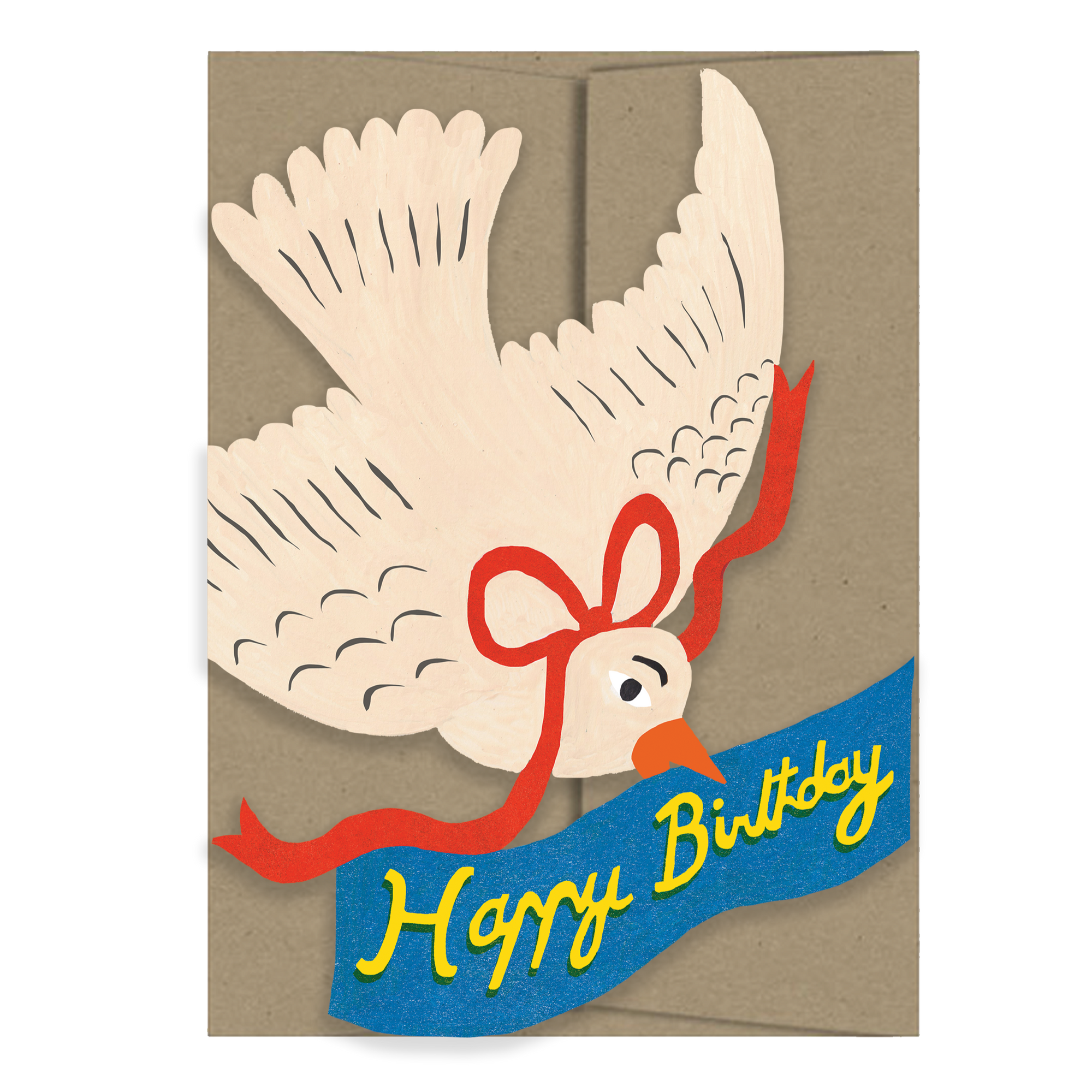 Greeting card with a dove holding a 'Happy Birthday' banner on a brown background