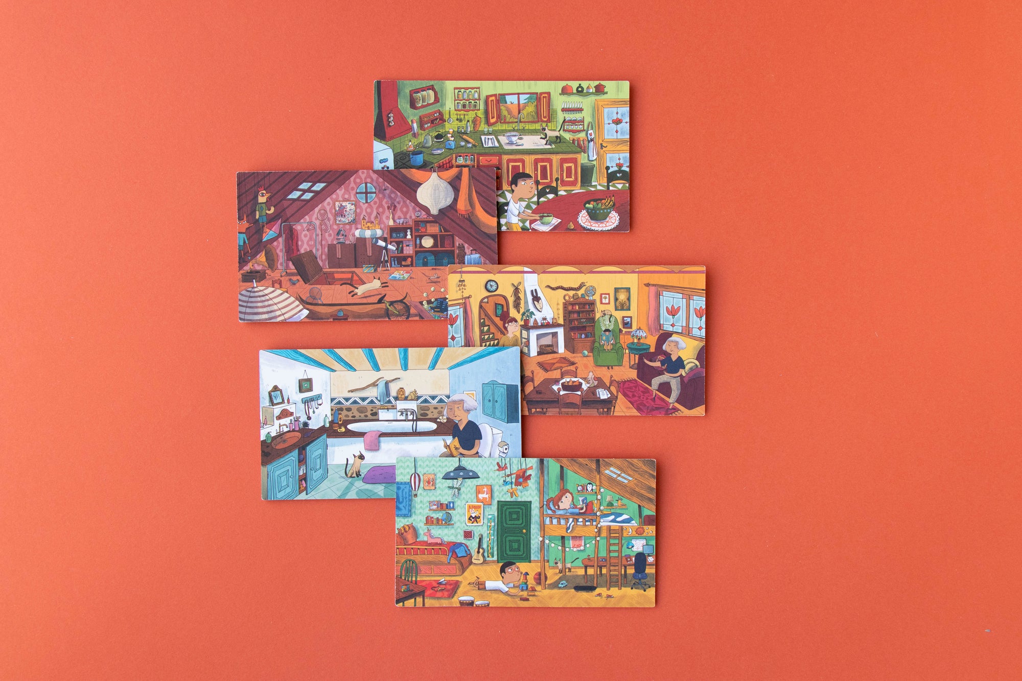 Set of five illustrated rooms on a red background