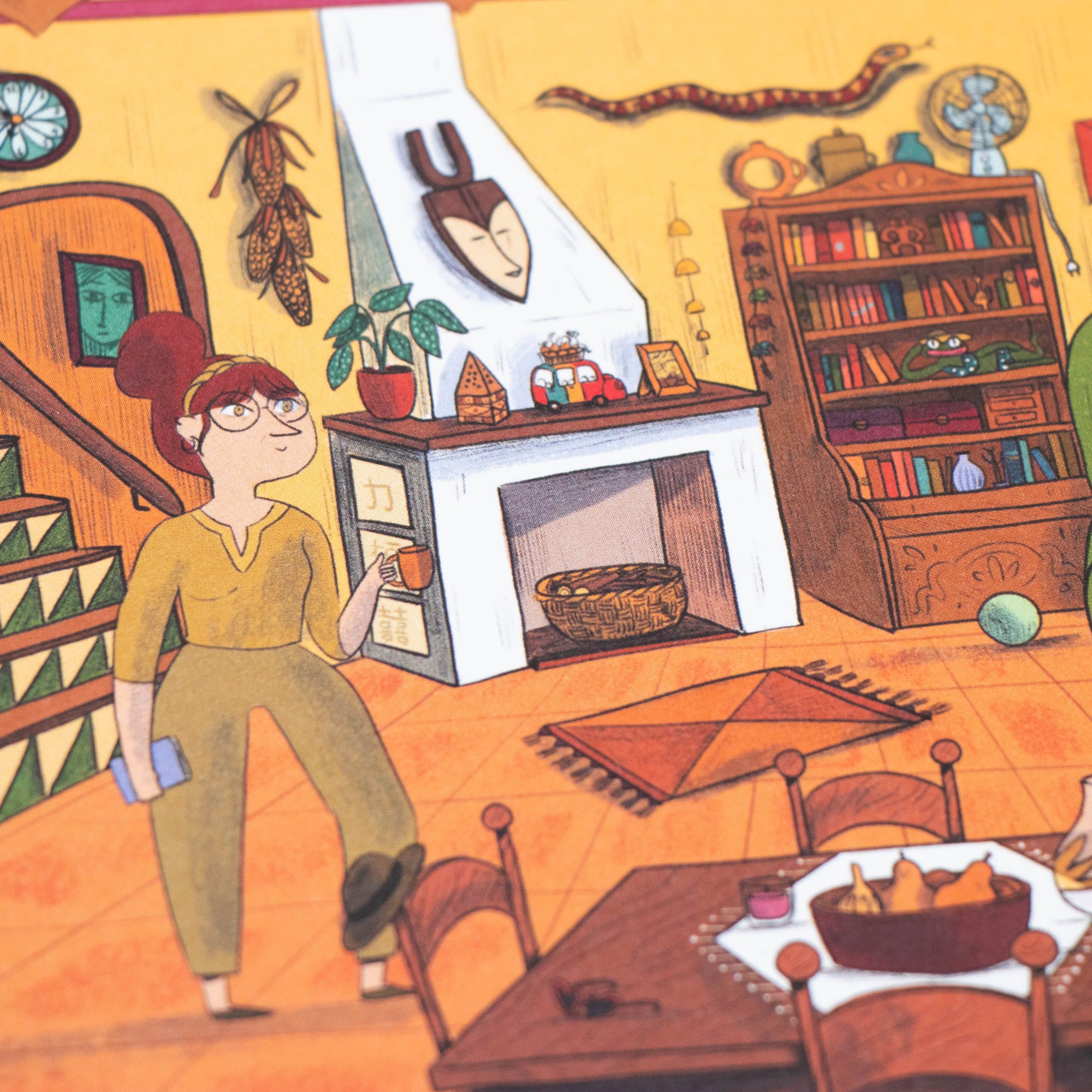 Illustration of a cozy living room with a woman, fireplace, and bookshelf.