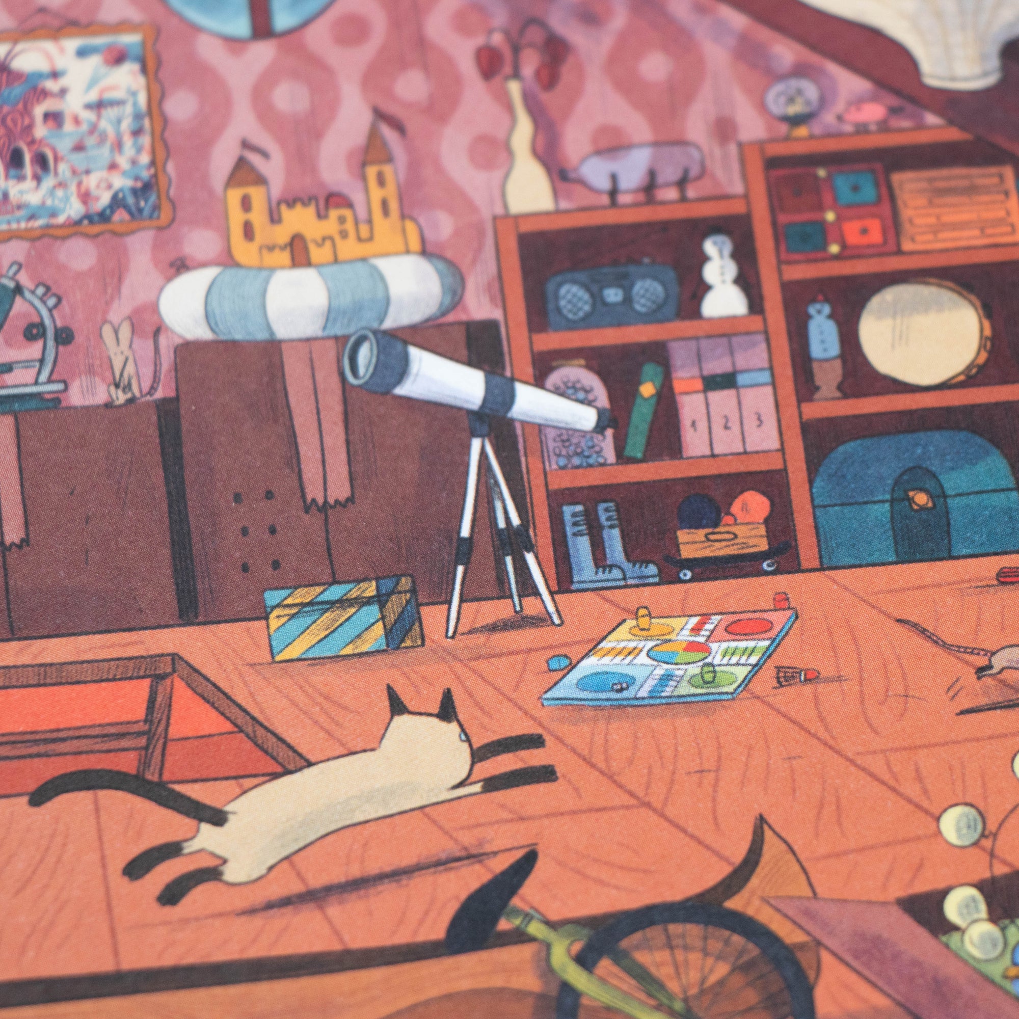 Illustrated room with a cat, books, toys, and a telescope on a desk.