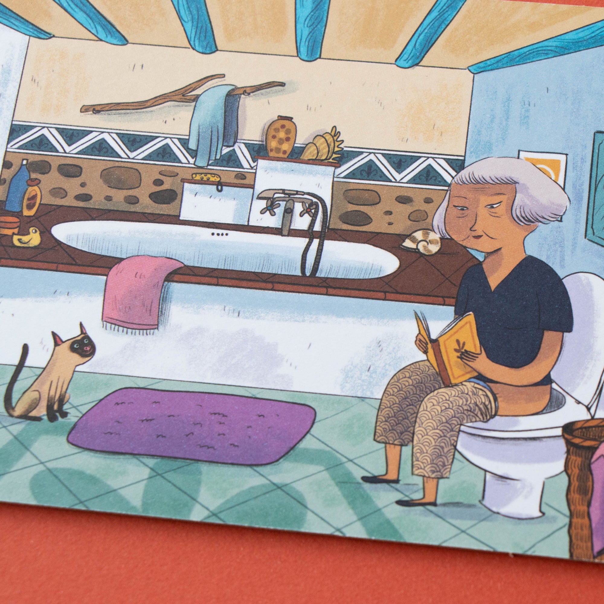 Illustration of an elderly woman sitting on a toilet in a bathroom with a cat and laundry basket.