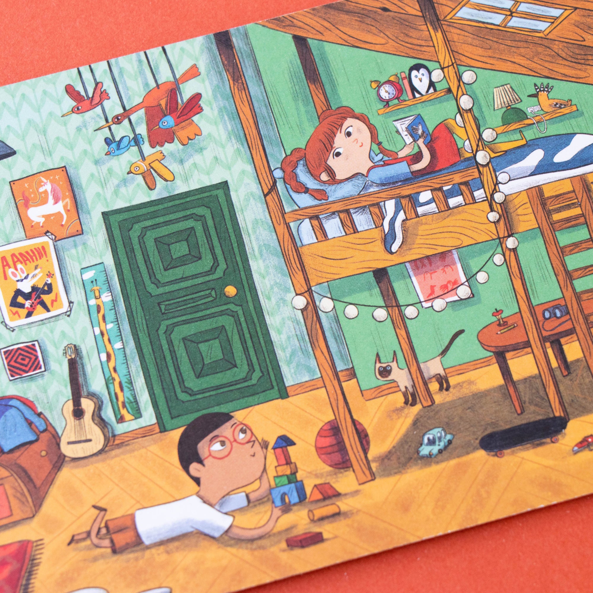 Illustration of a child's bedroom with bunk beds and toys on an orange background