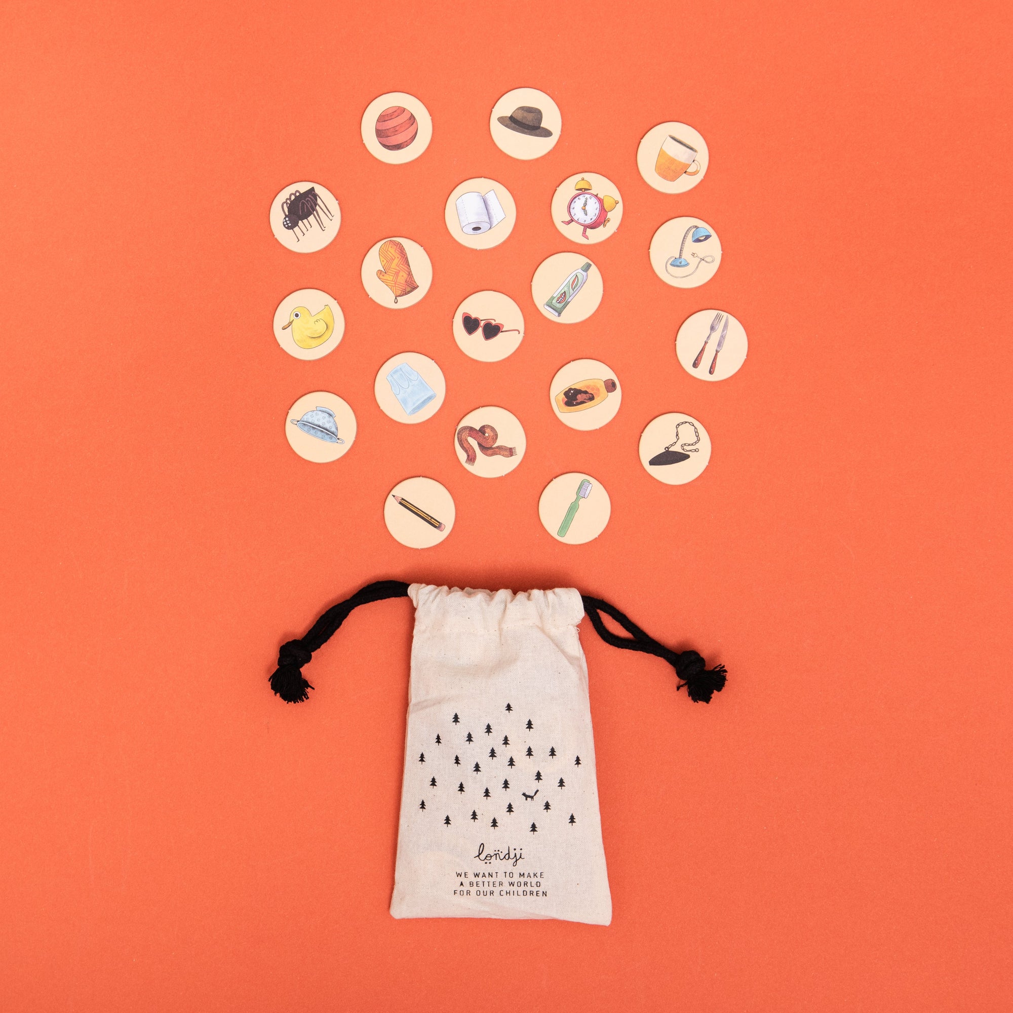 Set of small round icons on an orange background with a white drawstring bag.