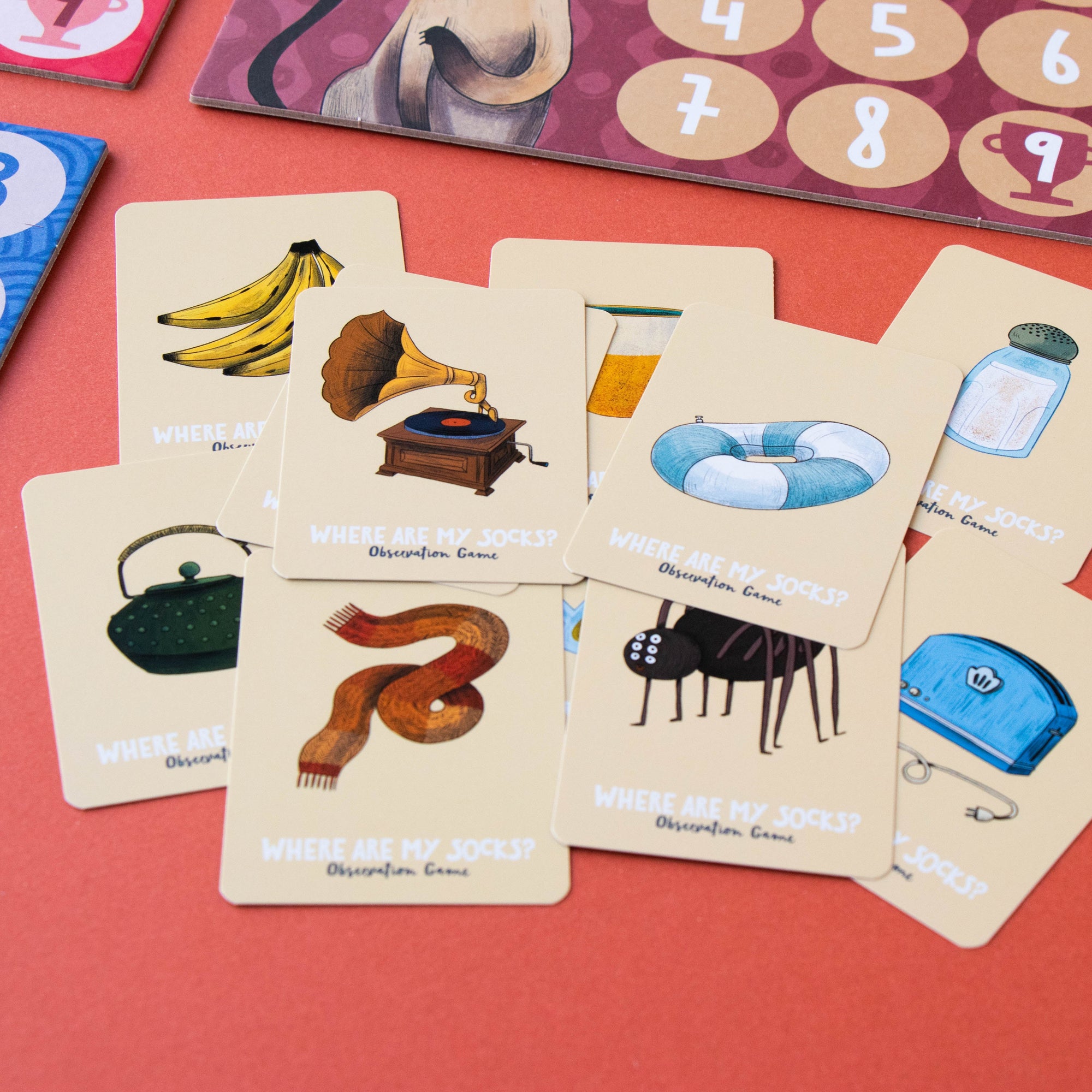 Set of cards with illustrations on a red background