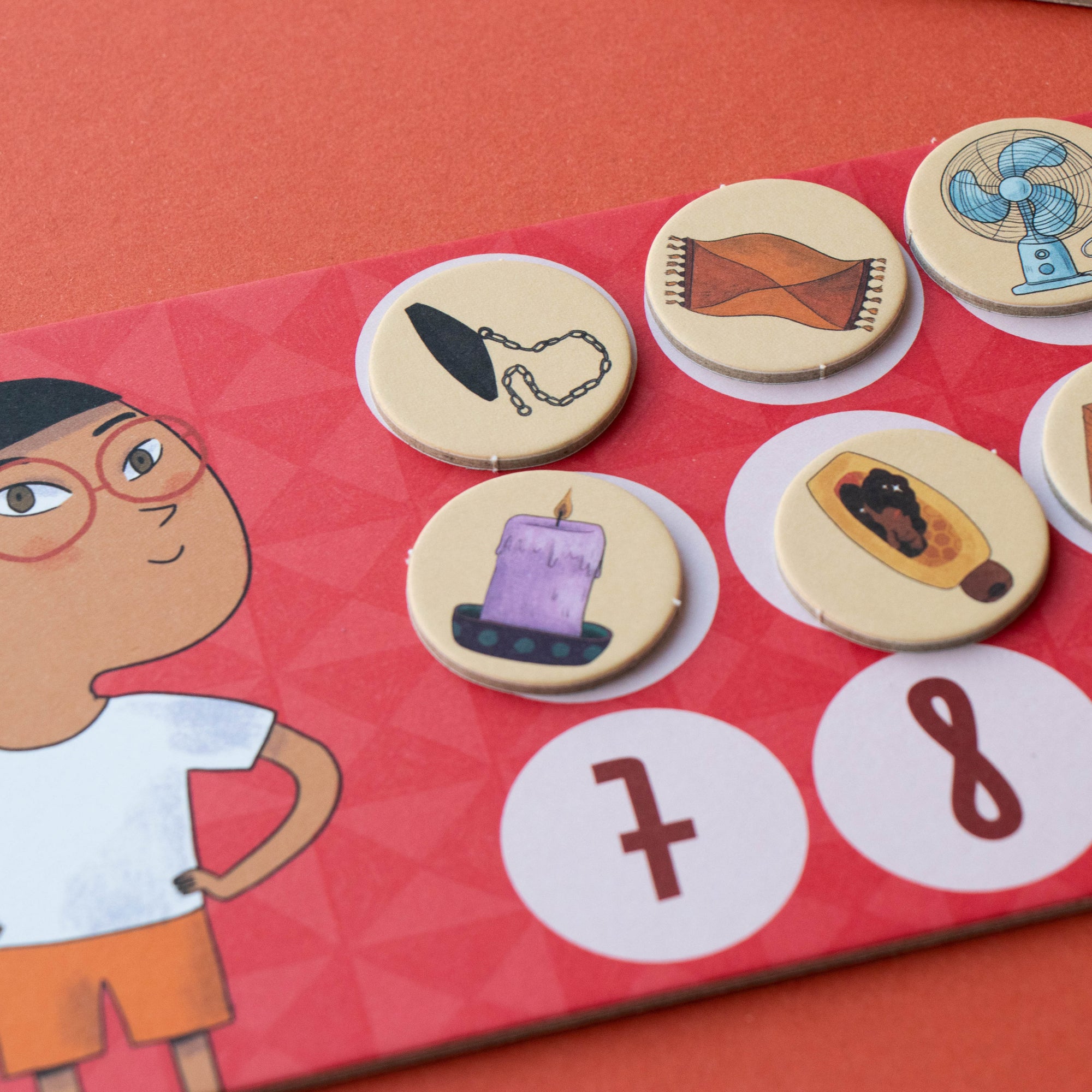 Children's educational board game with character illustration and icons on a red background